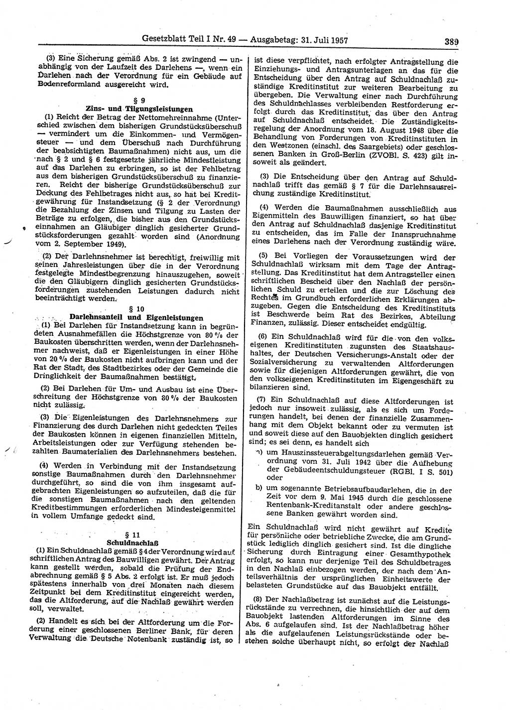 Gesetzblatt (GBl.) der Deutschen Demokratischen Republik (DDR) Teil Ⅰ 1957, Seite 389 (GBl. DDR Ⅰ 1957, S. 389)
