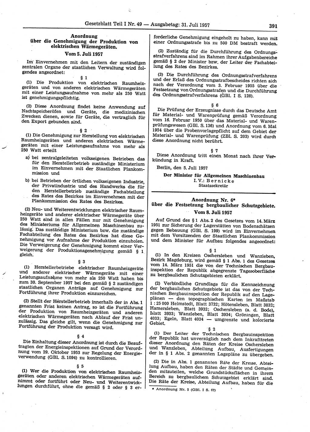 Gesetzblatt (GBl.) der Deutschen Demokratischen Republik (DDR) Teil Ⅰ 1957, Seite 391 (GBl. DDR Ⅰ 1957, S. 391)