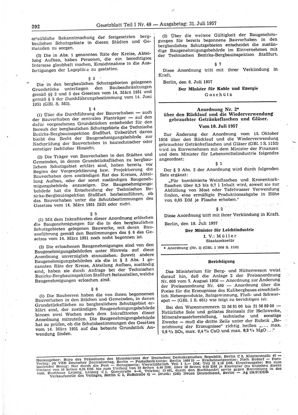 Gesetzblatt (GBl.) der Deutschen Demokratischen Republik (DDR) Teil Ⅰ 1957, Seite 392 (GBl. DDR Ⅰ 1957, S. 392)
