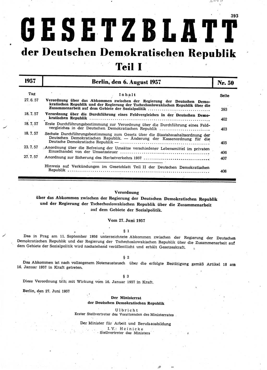 Gesetzblatt (GBl.) der Deutschen Demokratischen Republik (DDR) Teil Ⅰ 1957, Seite 393 (GBl. DDR Ⅰ 1957, S. 393)