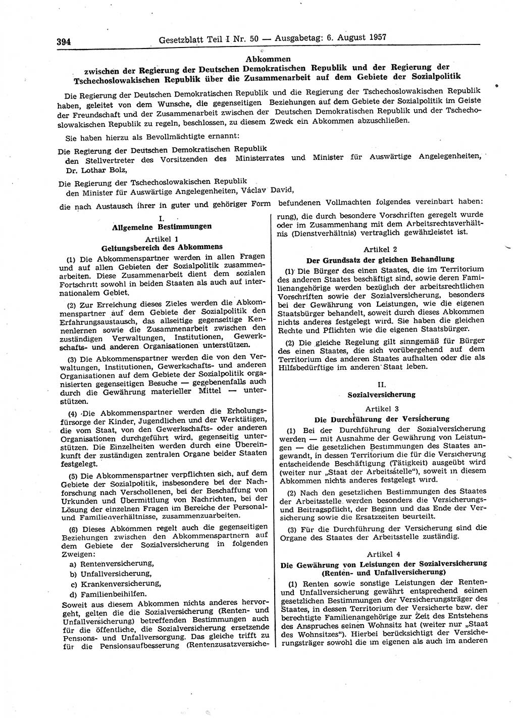 Gesetzblatt (GBl.) der Deutschen Demokratischen Republik (DDR) Teil Ⅰ 1957, Seite 394 (GBl. DDR Ⅰ 1957, S. 394)