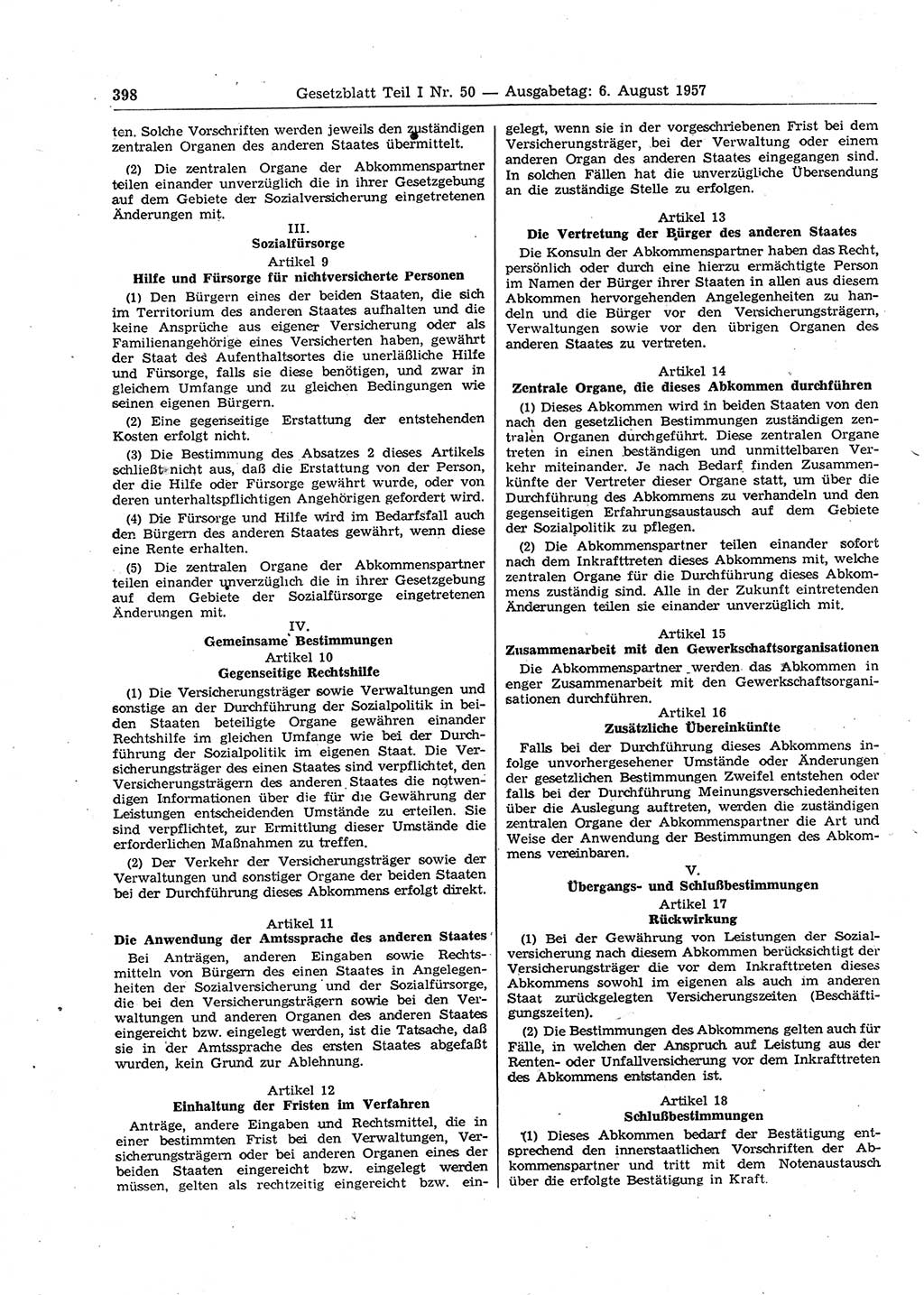 Gesetzblatt (GBl.) der Deutschen Demokratischen Republik (DDR) Teil Ⅰ 1957, Seite 398 (GBl. DDR Ⅰ 1957, S. 398)