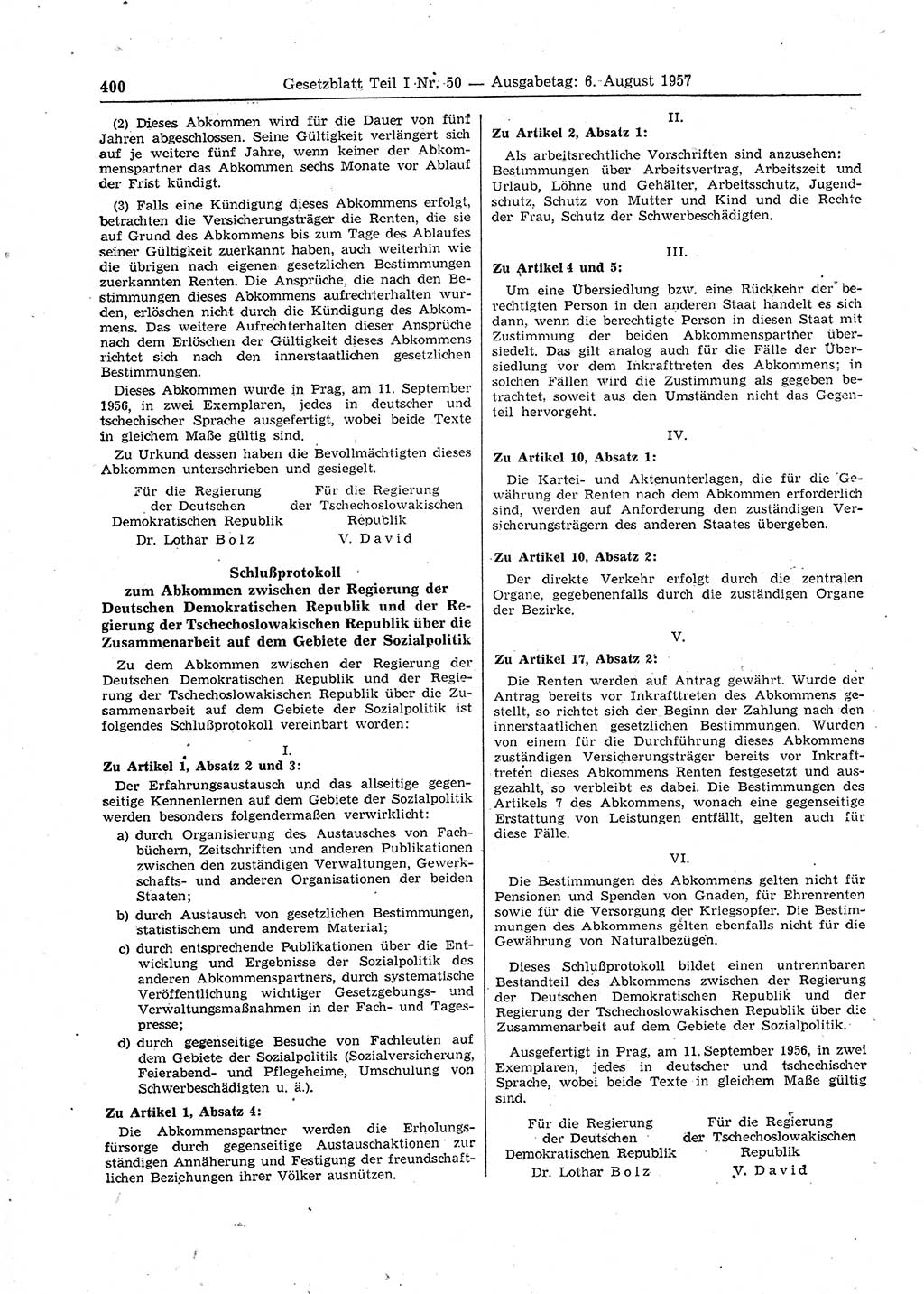Gesetzblatt (GBl.) der Deutschen Demokratischen Republik (DDR) Teil Ⅰ 1957, Seite 400 (GBl. DDR Ⅰ 1957, S. 400)