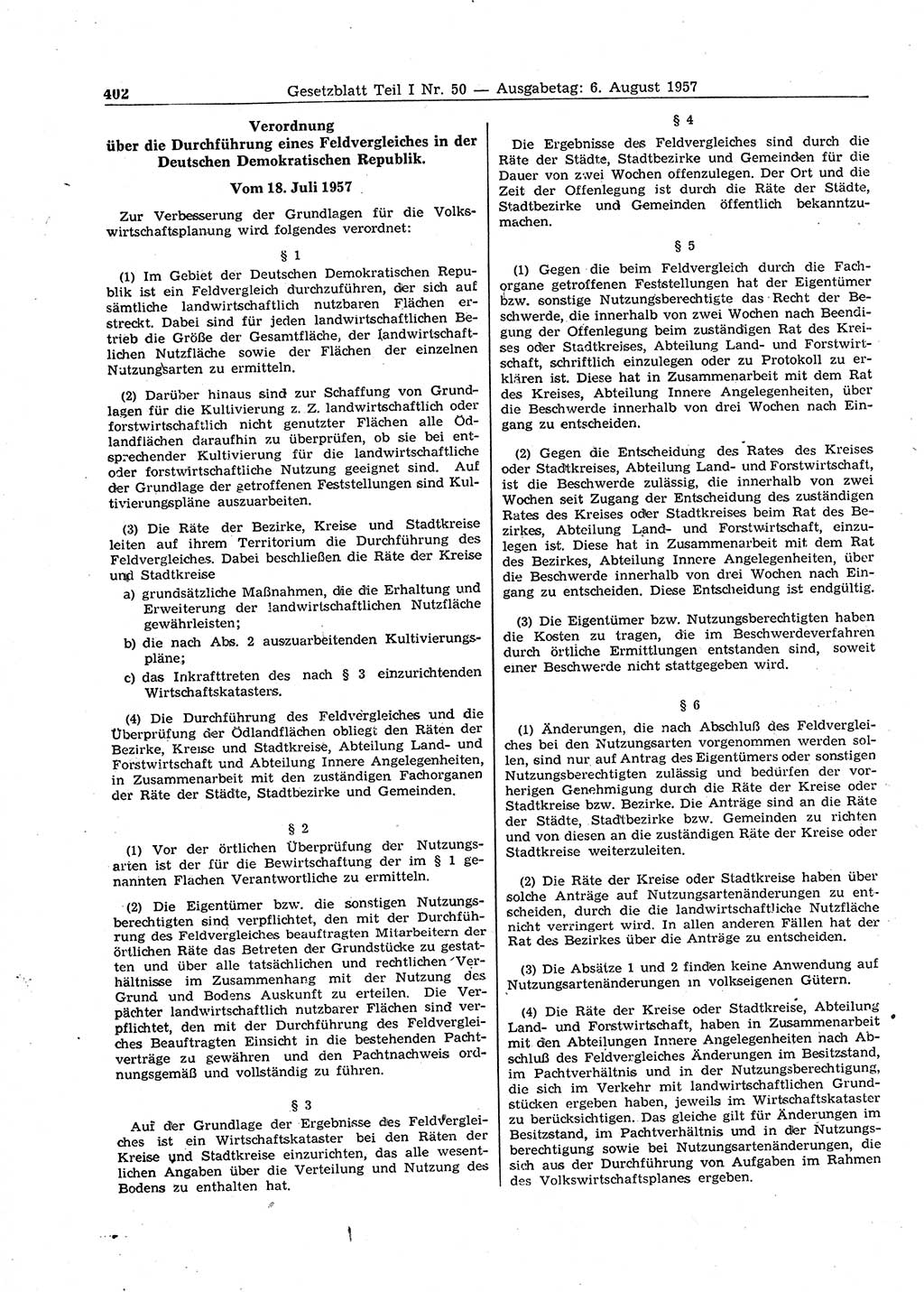 Gesetzblatt (GBl.) der Deutschen Demokratischen Republik (DDR) Teil Ⅰ 1957, Seite 402 (GBl. DDR Ⅰ 1957, S. 402)