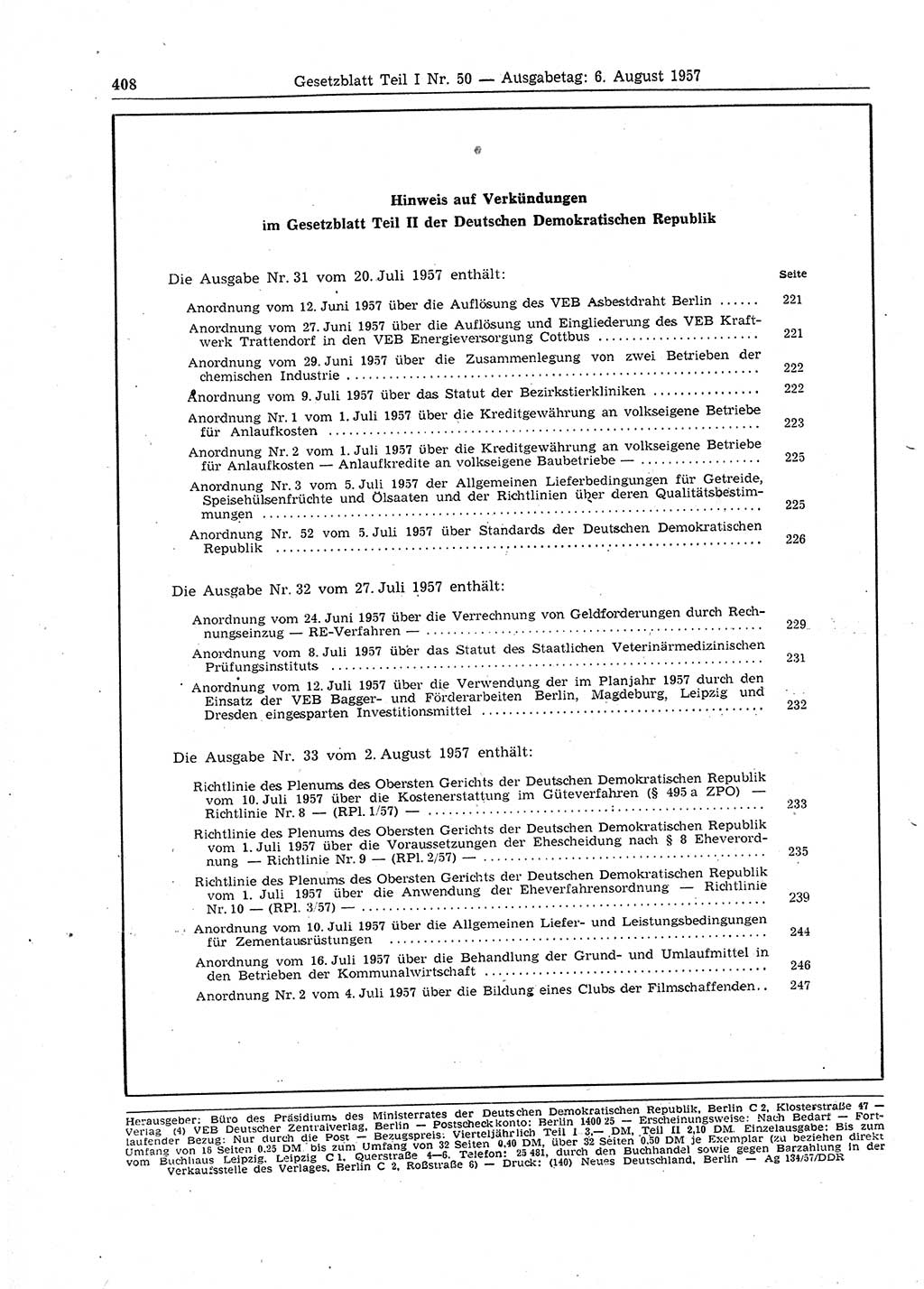 Gesetzblatt (GBl.) der Deutschen Demokratischen Republik (DDR) Teil Ⅰ 1957, Seite 408 (GBl. DDR Ⅰ 1957, S. 408)