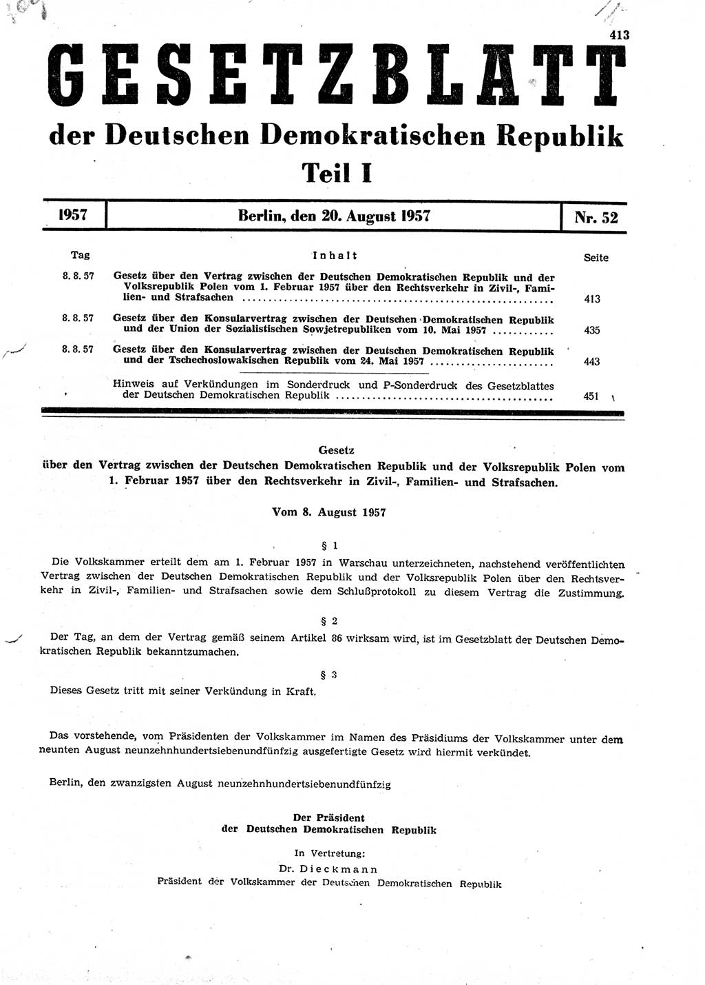 Gesetzblatt (GBl.) der Deutschen Demokratischen Republik (DDR) Teil Ⅰ 1957, Seite 413 (GBl. DDR Ⅰ 1957, S. 413)