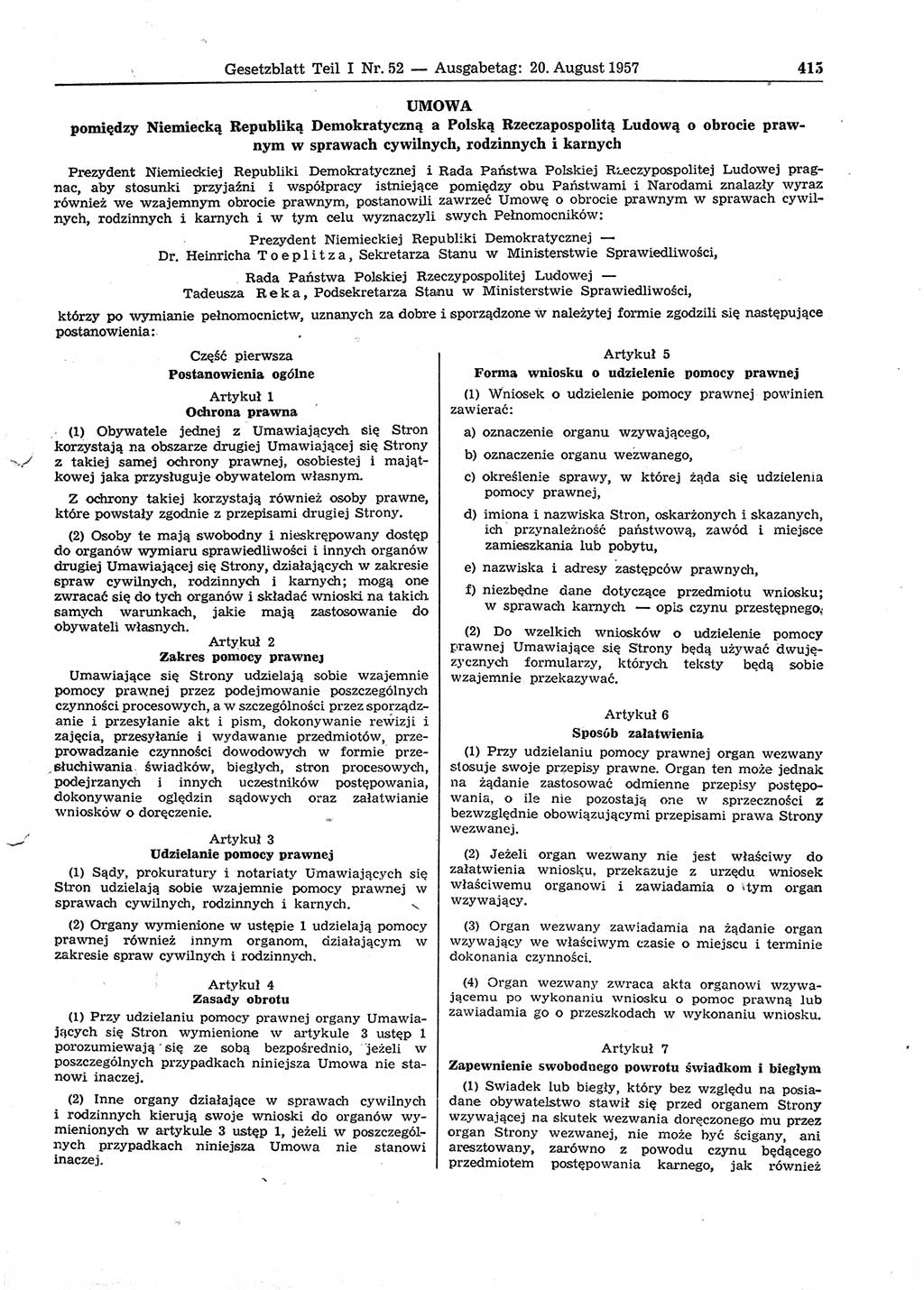 Gesetzblatt (GBl.) der Deutschen Demokratischen Republik (DDR) Teil Ⅰ 1957, Seite 415 (GBl. DDR Ⅰ 1957, S. 415)