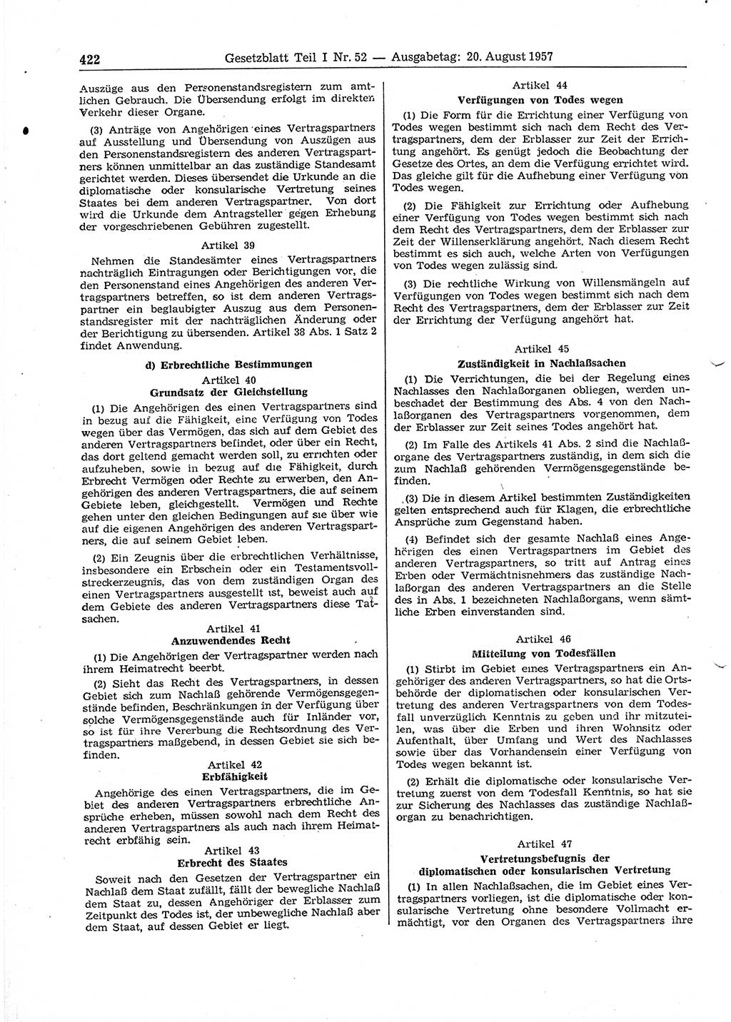 Gesetzblatt (GBl.) der Deutschen Demokratischen Republik (DDR) Teil Ⅰ 1957, Seite 422 (GBl. DDR Ⅰ 1957, S. 422)