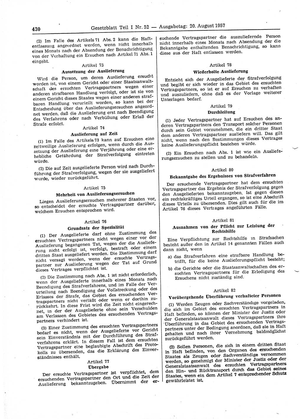 Gesetzblatt (GBl.) der Deutschen Demokratischen Republik (DDR) Teil Ⅰ 1957, Seite 430 (GBl. DDR Ⅰ 1957, S. 430)
