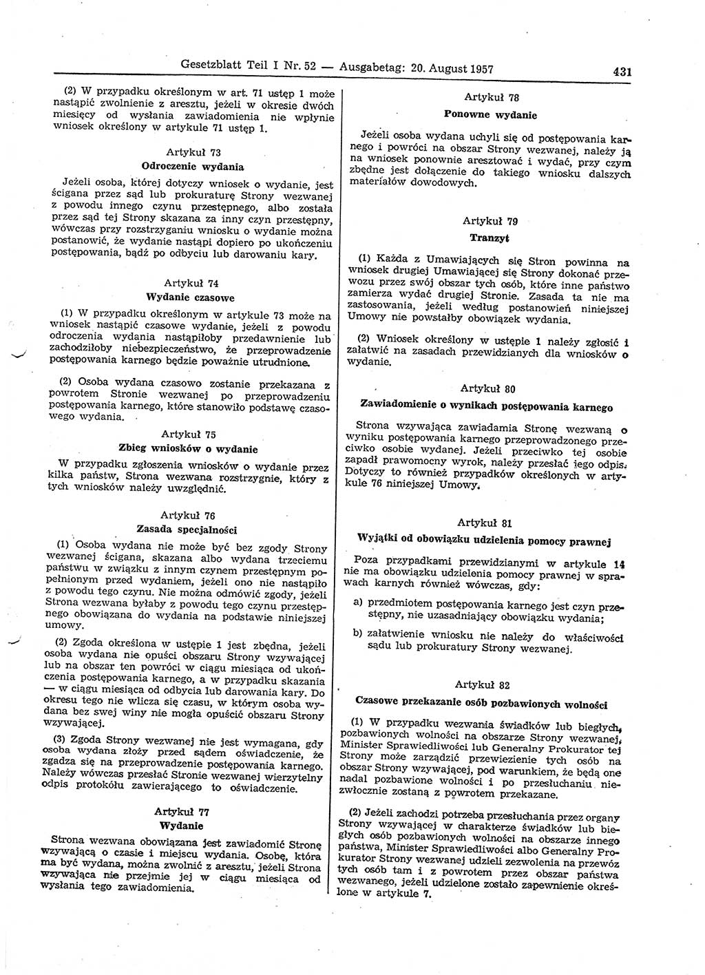 Gesetzblatt (GBl.) der Deutschen Demokratischen Republik (DDR) Teil Ⅰ 1957, Seite 431 (GBl. DDR Ⅰ 1957, S. 431)