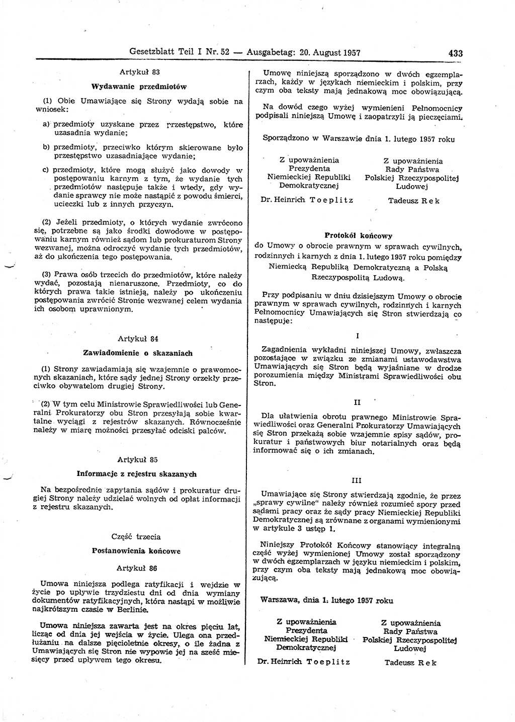Gesetzblatt (GBl.) der Deutschen Demokratischen Republik (DDR) Teil Ⅰ 1957, Seite 433 (GBl. DDR Ⅰ 1957, S. 433)