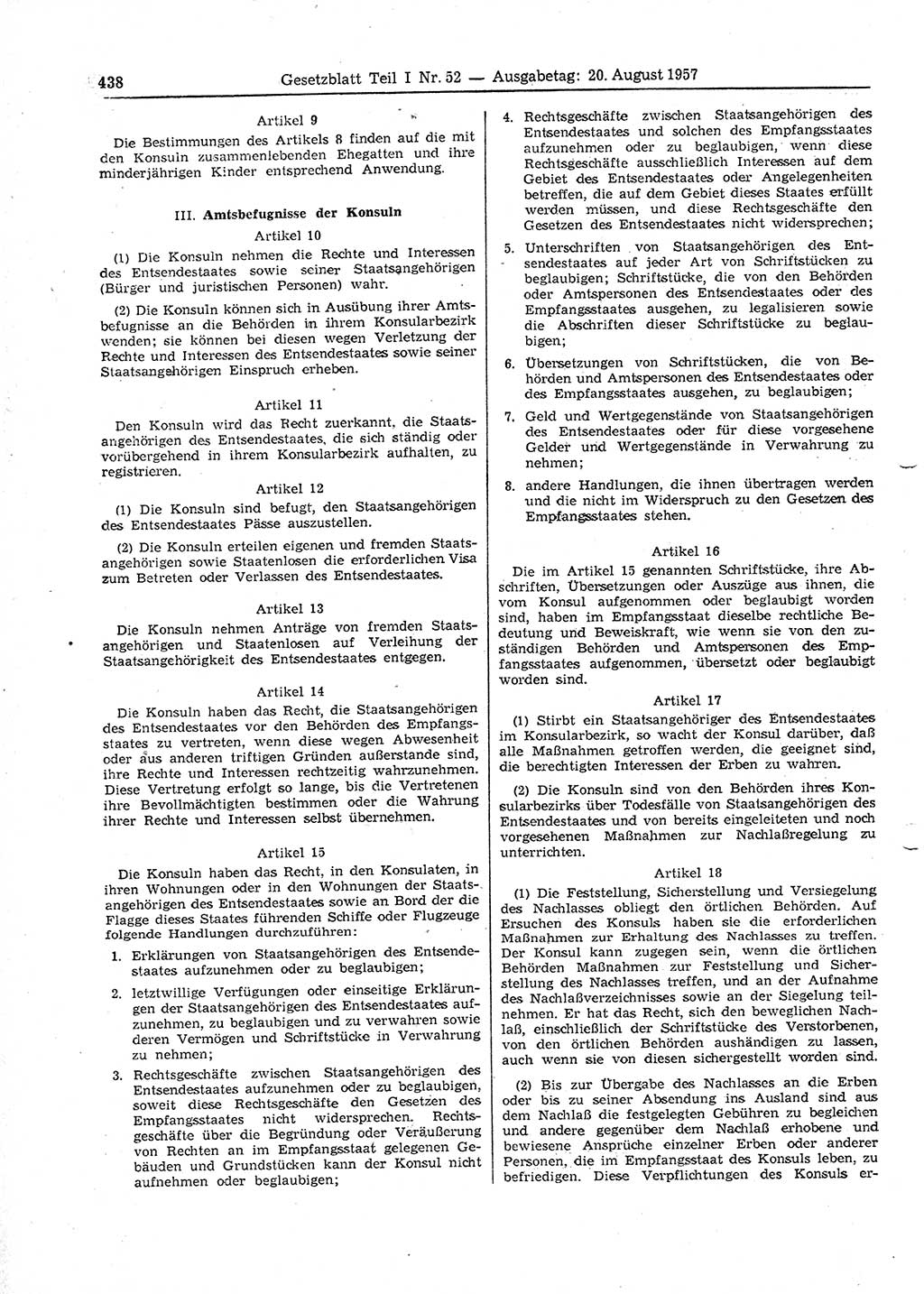 Gesetzblatt (GBl.) der Deutschen Demokratischen Republik (DDR) Teil Ⅰ 1957, Seite 438 (GBl. DDR Ⅰ 1957, S. 438)