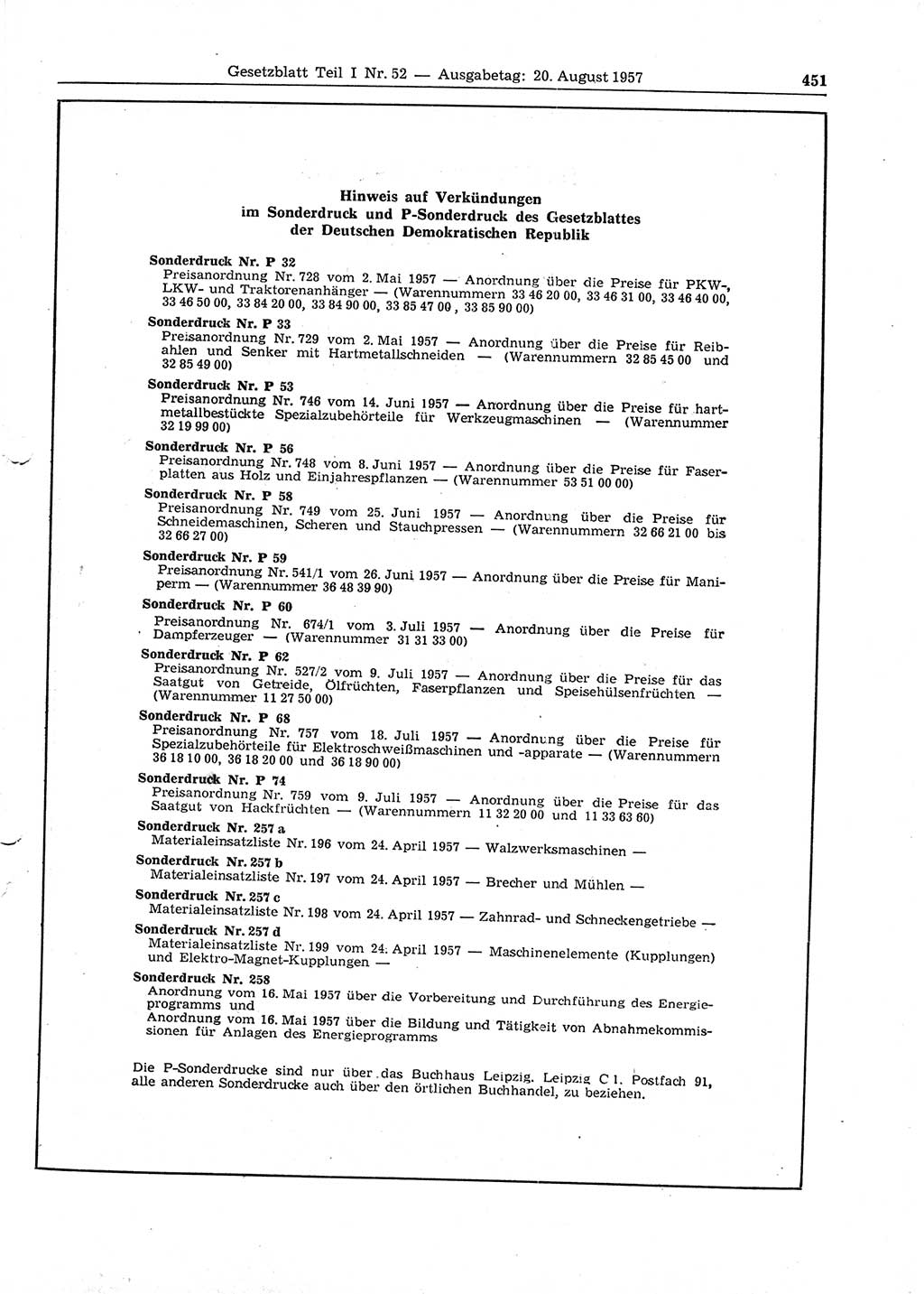 Gesetzblatt (GBl.) der Deutschen Demokratischen Republik (DDR) Teil Ⅰ 1957, Seite 451 (GBl. DDR Ⅰ 1957, S. 451)