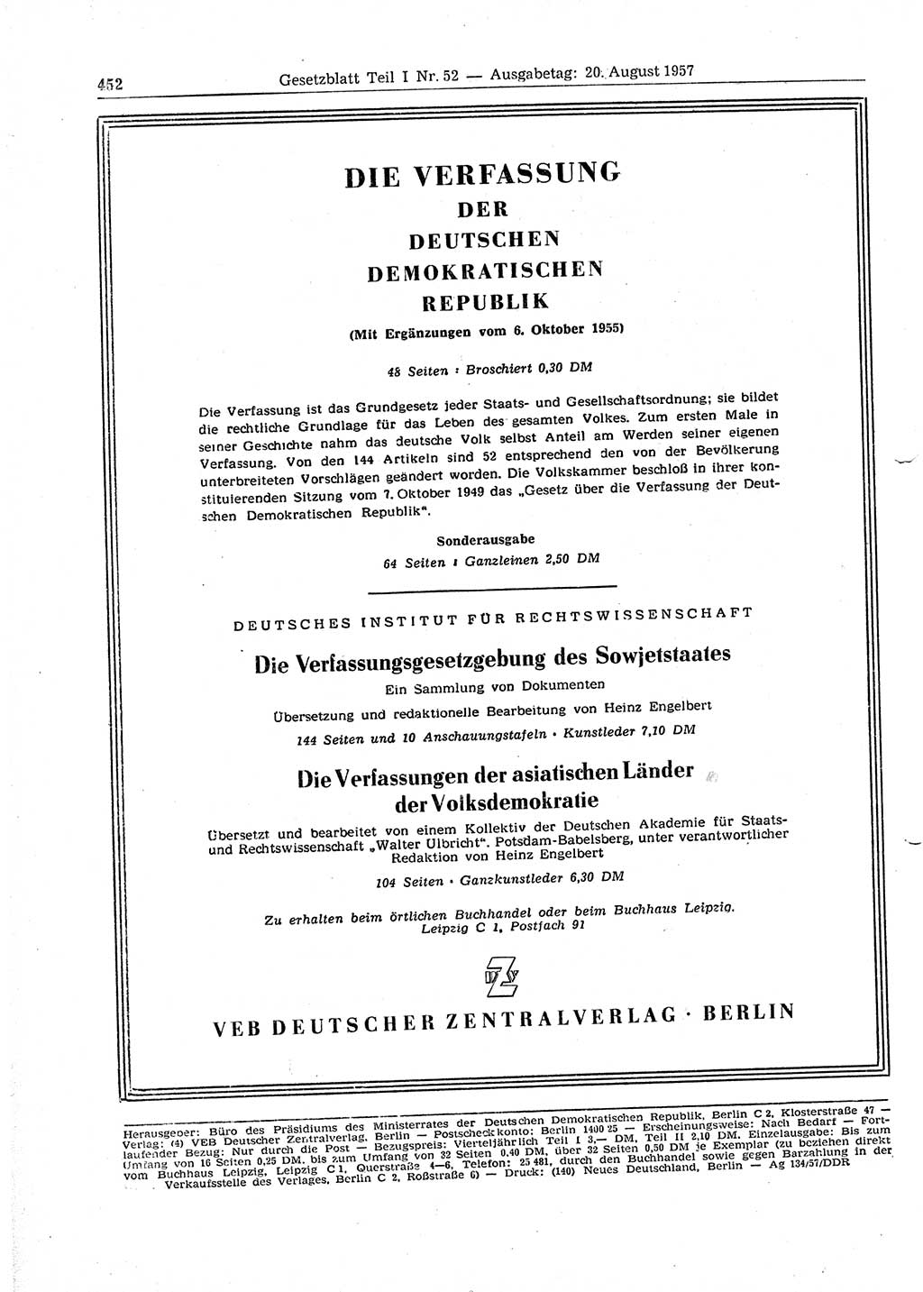 Gesetzblatt (GBl.) der Deutschen Demokratischen Republik (DDR) Teil Ⅰ 1957, Seite 452 (GBl. DDR Ⅰ 1957, S. 452)