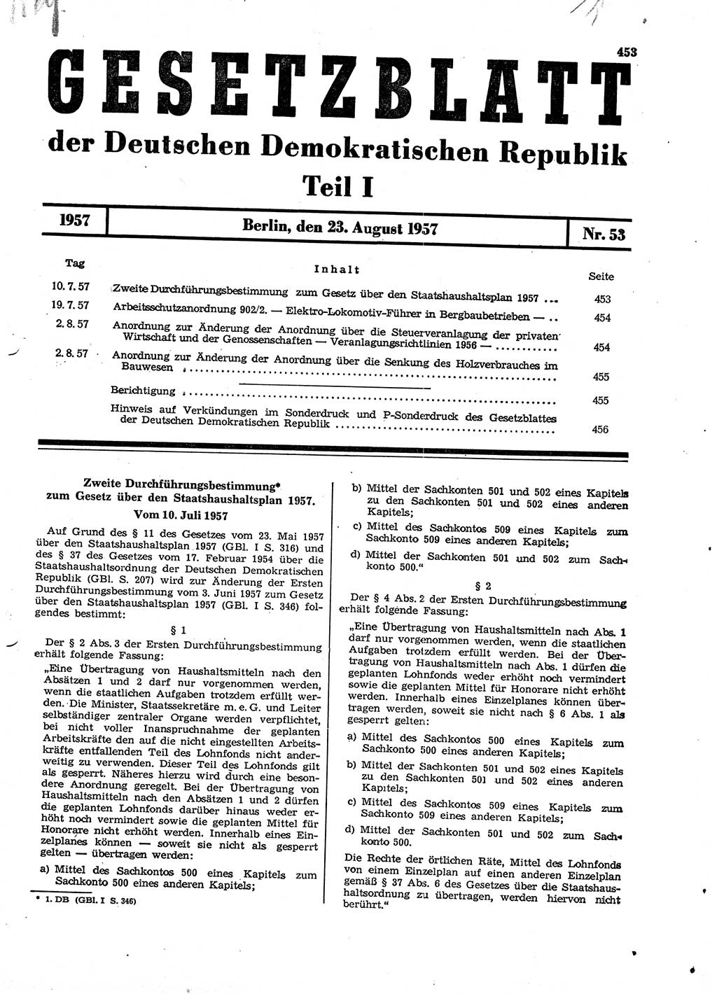 Gesetzblatt (GBl.) der Deutschen Demokratischen Republik (DDR) Teil Ⅰ 1957, Seite 453 (GBl. DDR Ⅰ 1957, S. 453)