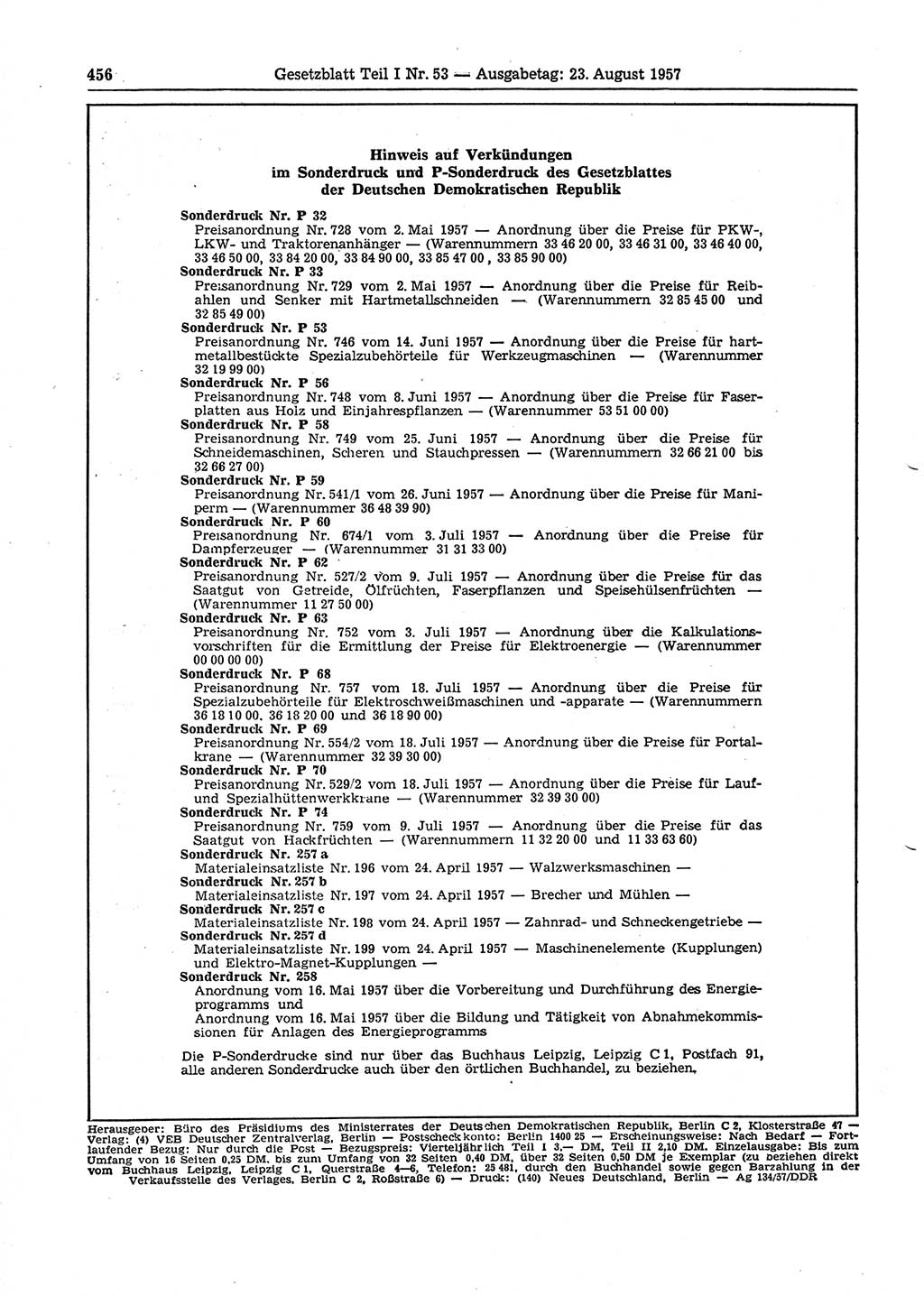 Gesetzblatt (GBl.) der Deutschen Demokratischen Republik (DDR) Teil Ⅰ 1957, Seite 456 (GBl. DDR Ⅰ 1957, S. 456)