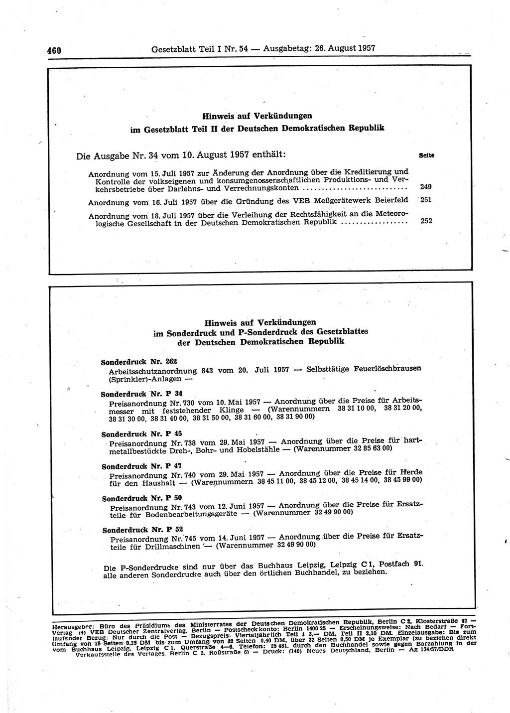 Gesetzblatt (GBl.) der Deutschen Demokratischen Republik (DDR) Teil Ⅰ 1957, Seite 460 (GBl. DDR Ⅰ 1957, S. 460)