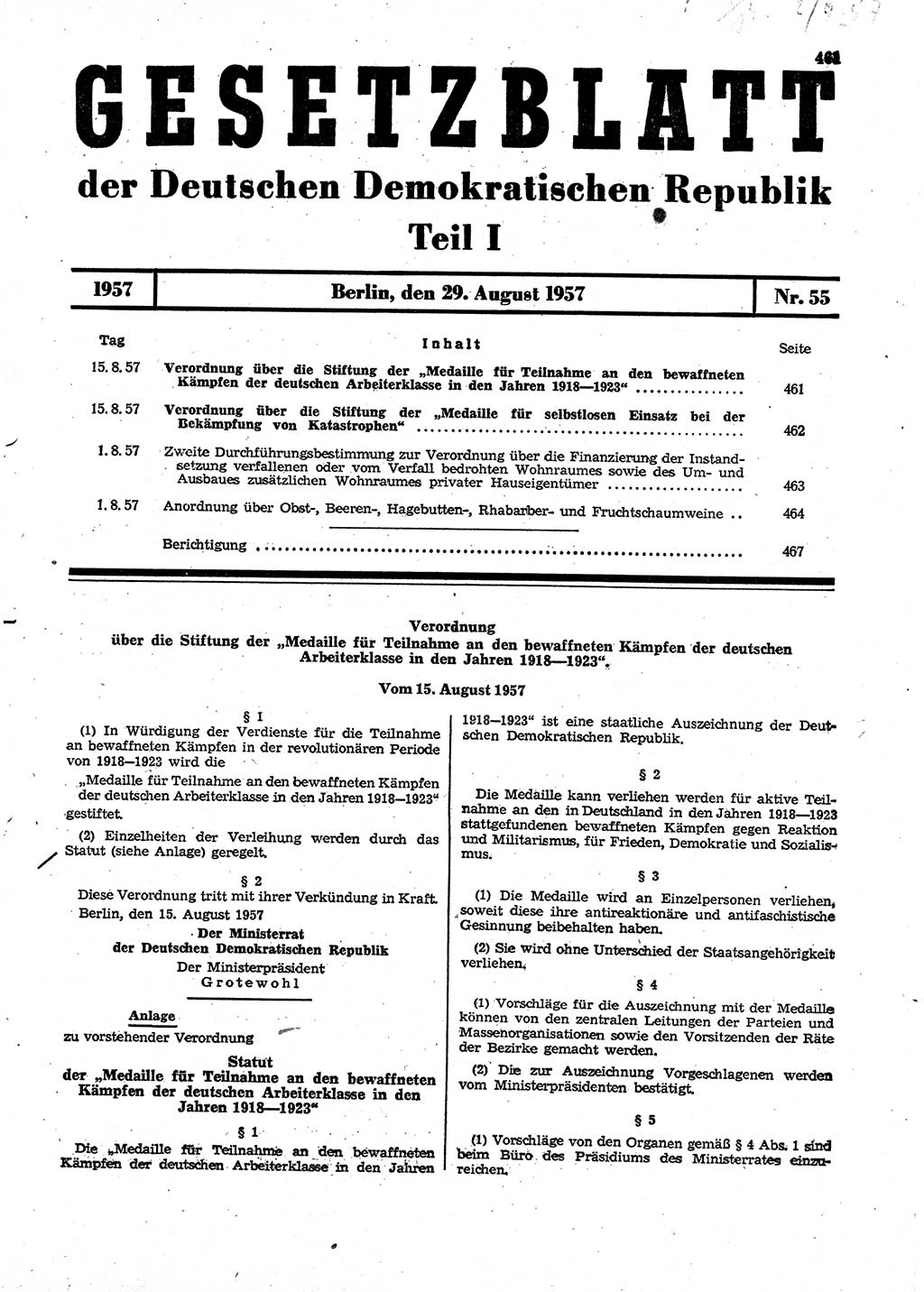Gesetzblatt (GBl.) der Deutschen Demokratischen Republik (DDR) Teil Ⅰ 1957, Seite 461 (GBl. DDR Ⅰ 1957, S. 461)
