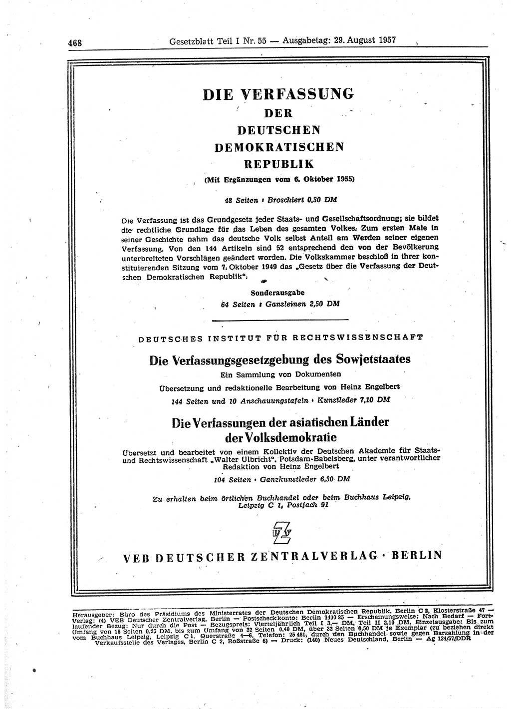 Gesetzblatt (GBl.) der Deutschen Demokratischen Republik (DDR) Teil Ⅰ 1957, Seite 468 (GBl. DDR Ⅰ 1957, S. 468)