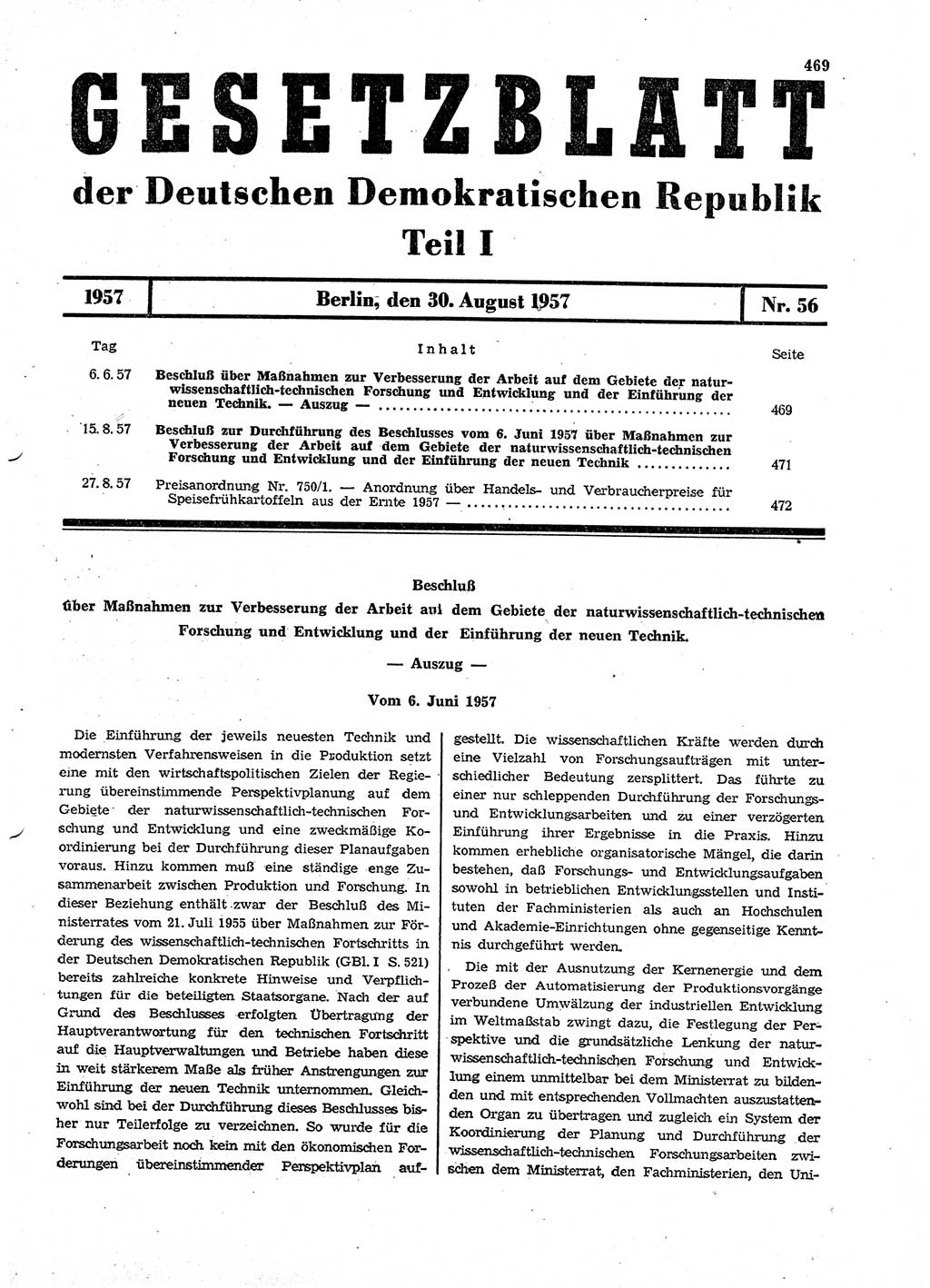 Gesetzblatt (GBl.) der Deutschen Demokratischen Republik (DDR) Teil Ⅰ 1957, Seite 469 (GBl. DDR Ⅰ 1957, S. 469)