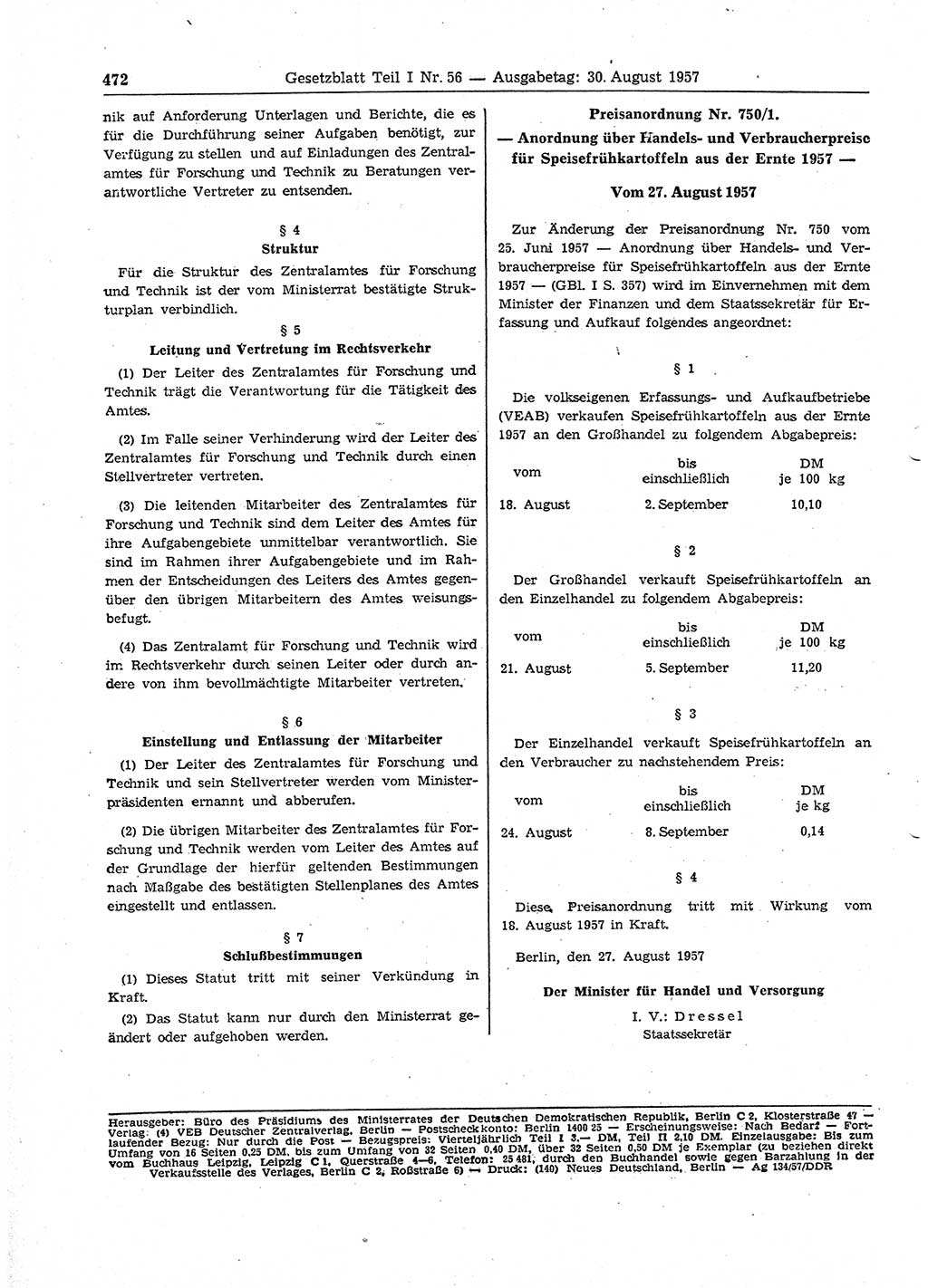 Gesetzblatt (GBl.) der Deutschen Demokratischen Republik (DDR) Teil Ⅰ 1957, Seite 472 (GBl. DDR Ⅰ 1957, S. 472)