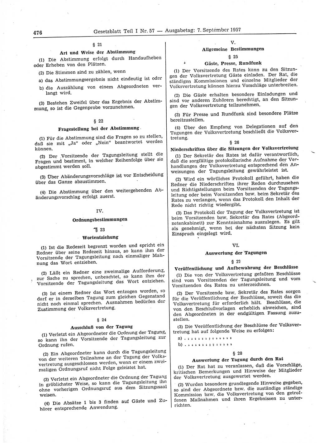 Gesetzblatt (GBl.) der Deutschen Demokratischen Republik (DDR) Teil Ⅰ 1957, Seite 476 (GBl. DDR Ⅰ 1957, S. 476)
