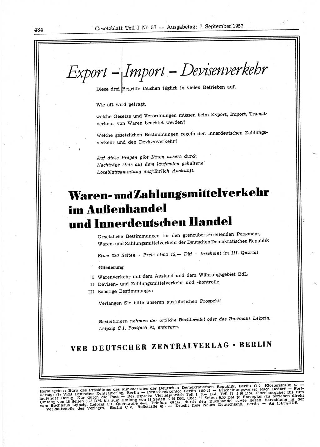 Gesetzblatt (GBl.) der Deutschen Demokratischen Republik (DDR) Teil Ⅰ 1957, Seite 484 (GBl. DDR Ⅰ 1957, S. 484)