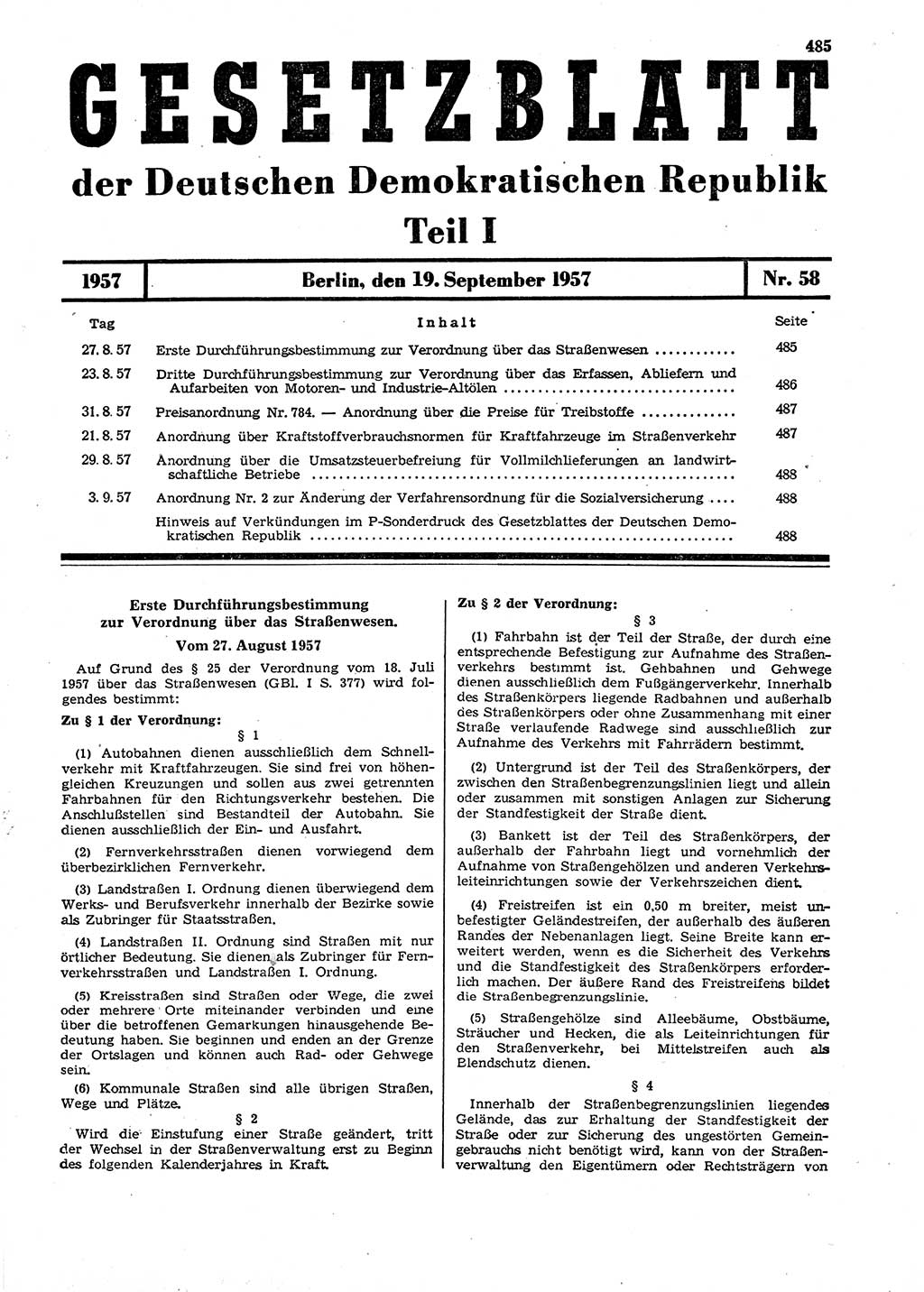 Gesetzblatt (GBl.) der Deutschen Demokratischen Republik (DDR) Teil Ⅰ 1957, Seite 485 (GBl. DDR Ⅰ 1957, S. 485)
