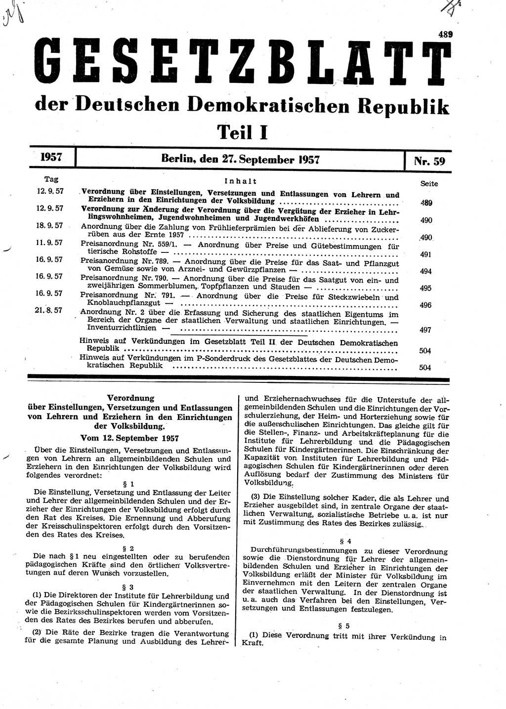 Gesetzblatt (GBl.) der Deutschen Demokratischen Republik (DDR) Teil Ⅰ 1957, Seite 489 (GBl. DDR Ⅰ 1957, S. 489)