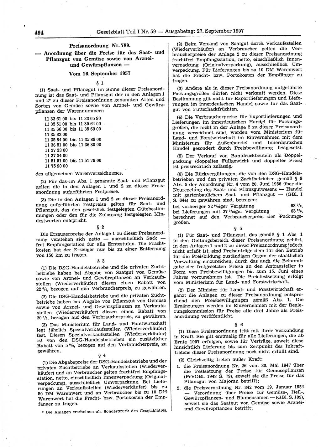 Gesetzblatt (GBl.) der Deutschen Demokratischen Republik (DDR) Teil Ⅰ 1957, Seite 494 (GBl. DDR Ⅰ 1957, S. 494)