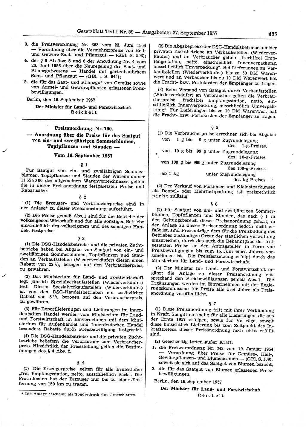 Gesetzblatt (GBl.) der Deutschen Demokratischen Republik (DDR) Teil Ⅰ 1957, Seite 495 (GBl. DDR Ⅰ 1957, S. 495)