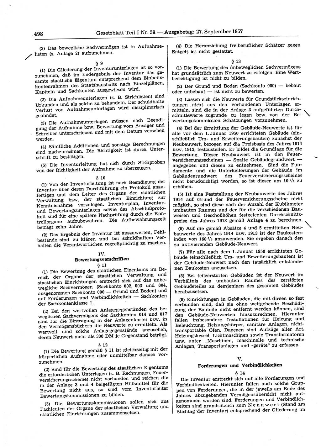 Gesetzblatt (GBl.) der Deutschen Demokratischen Republik (DDR) Teil Ⅰ 1957, Seite 498 (GBl. DDR Ⅰ 1957, S. 498)