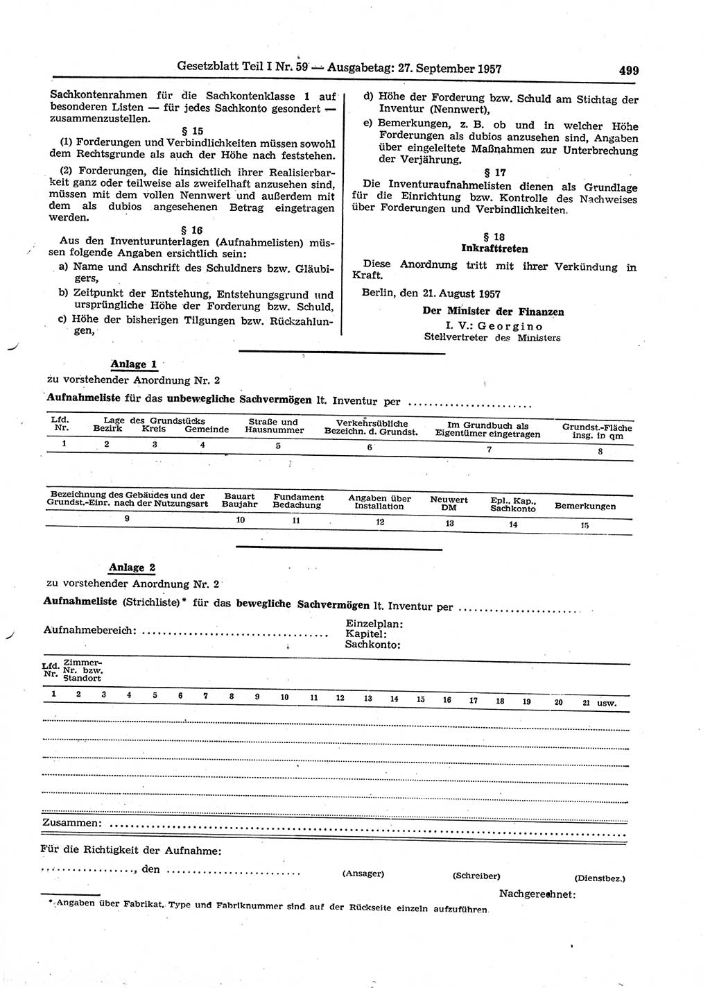 Gesetzblatt (GBl.) der Deutschen Demokratischen Republik (DDR) Teil Ⅰ 1957, Seite 499 (GBl. DDR Ⅰ 1957, S. 499)