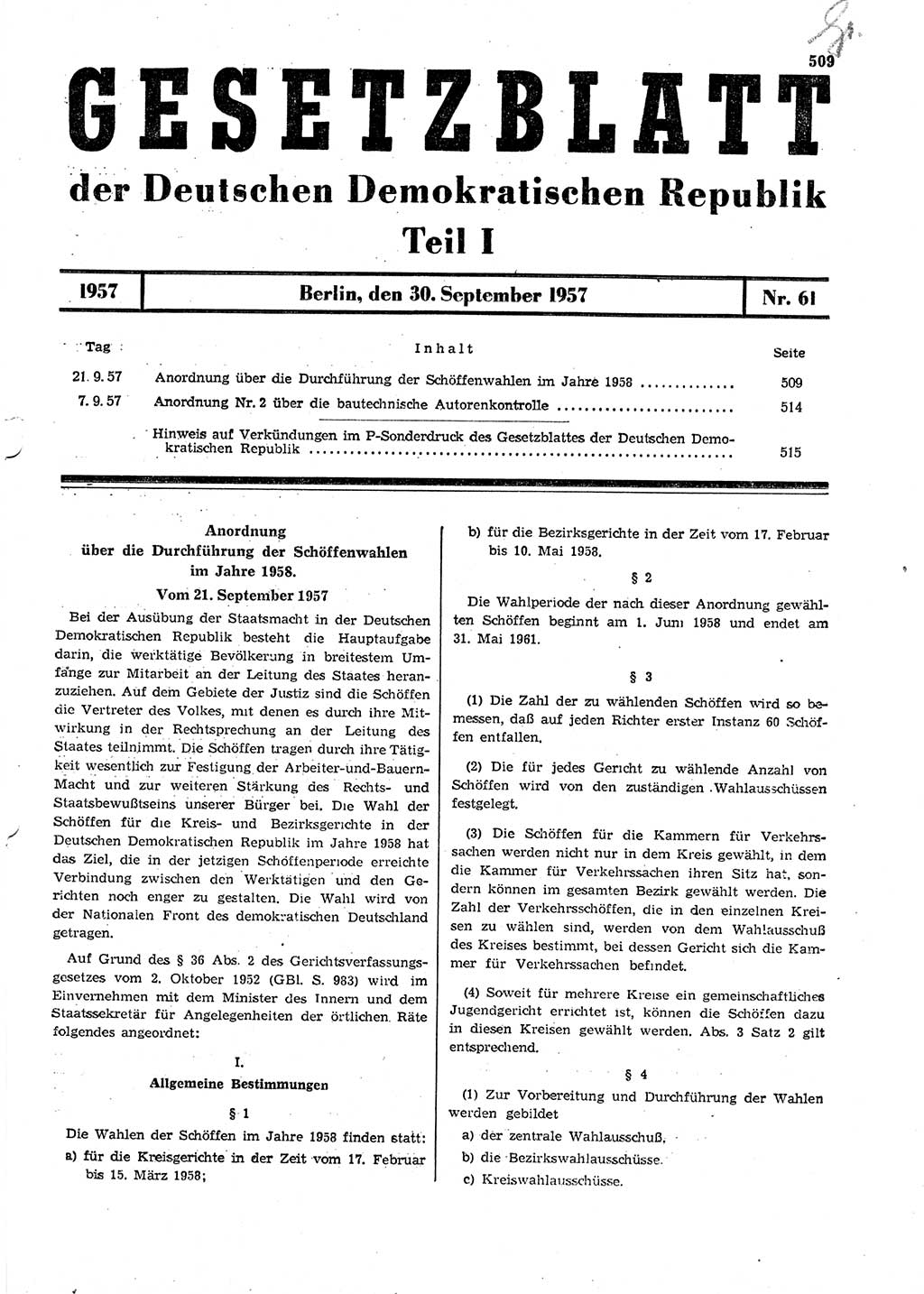 Gesetzblatt (GBl.) der Deutschen Demokratischen Republik (DDR) Teil Ⅰ 1957, Seite 509 (GBl. DDR Ⅰ 1957, S. 509)