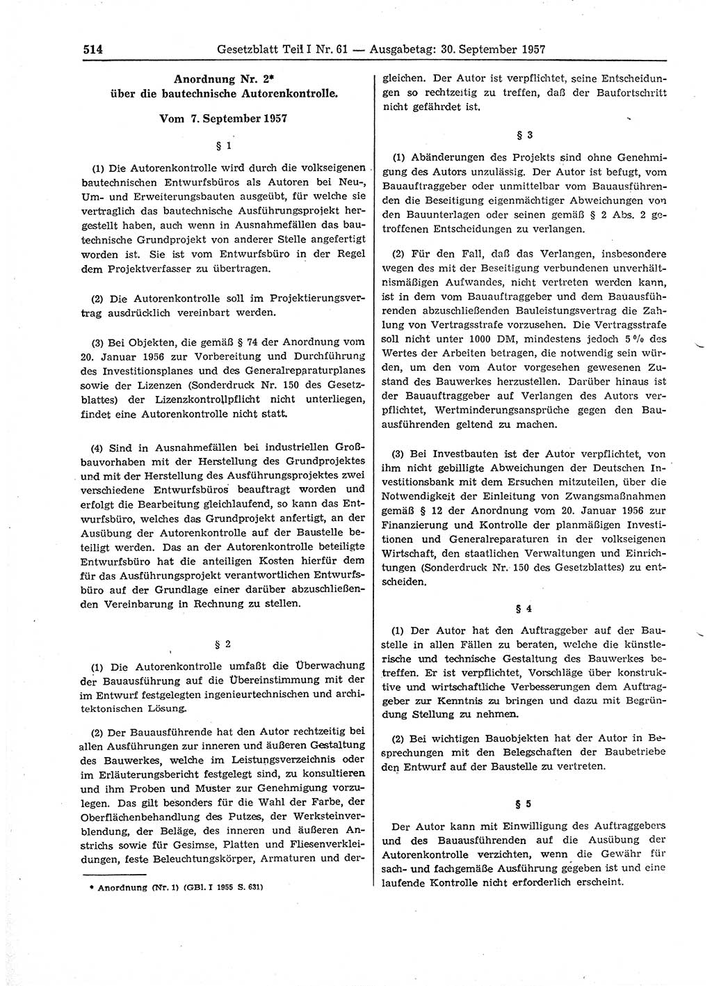 Gesetzblatt (GBl.) der Deutschen Demokratischen Republik (DDR) Teil Ⅰ 1957, Seite 514 (GBl. DDR Ⅰ 1957, S. 514)
