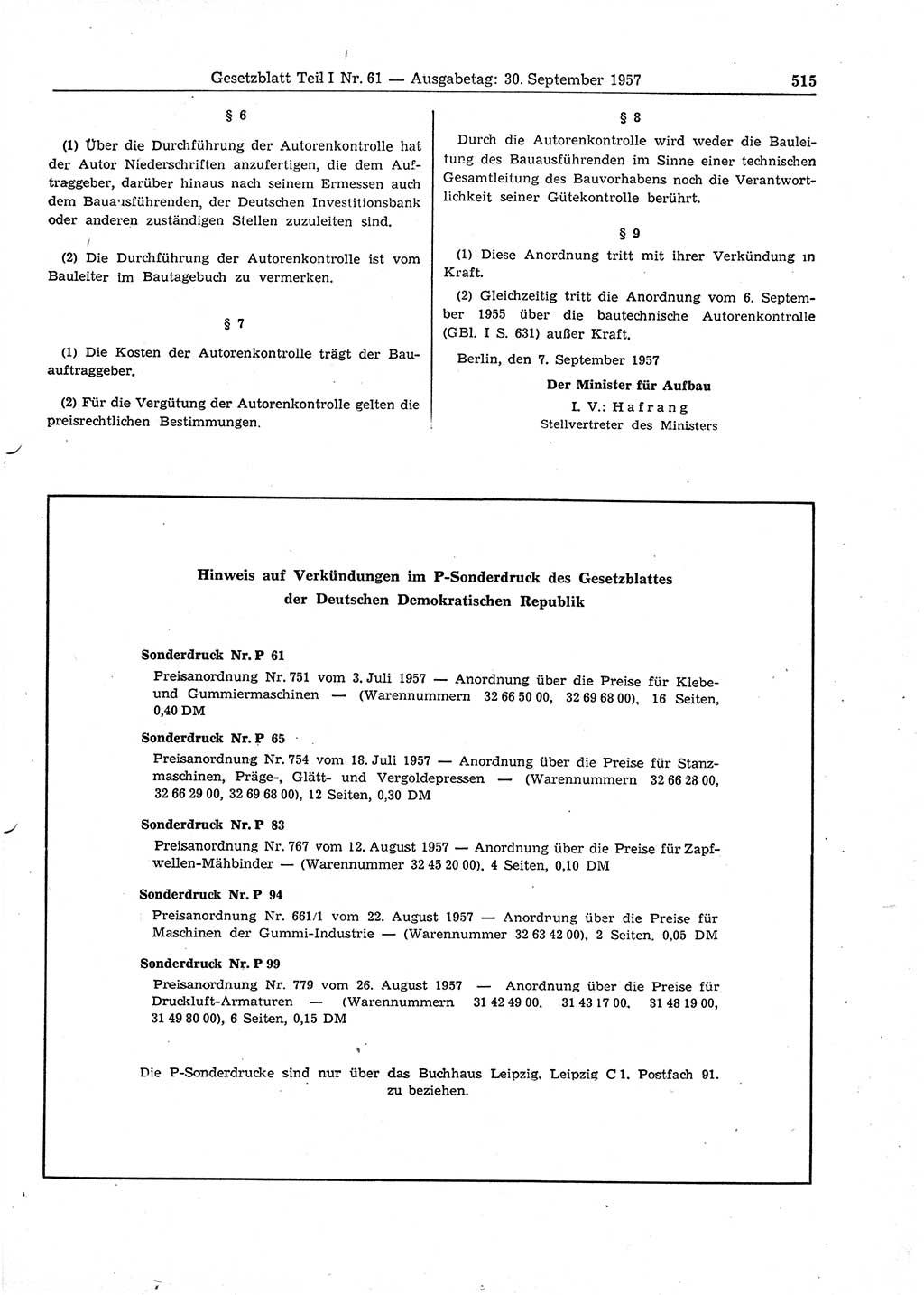 Gesetzblatt (GBl.) der Deutschen Demokratischen Republik (DDR) Teil Ⅰ 1957, Seite 515 (GBl. DDR Ⅰ 1957, S. 515)