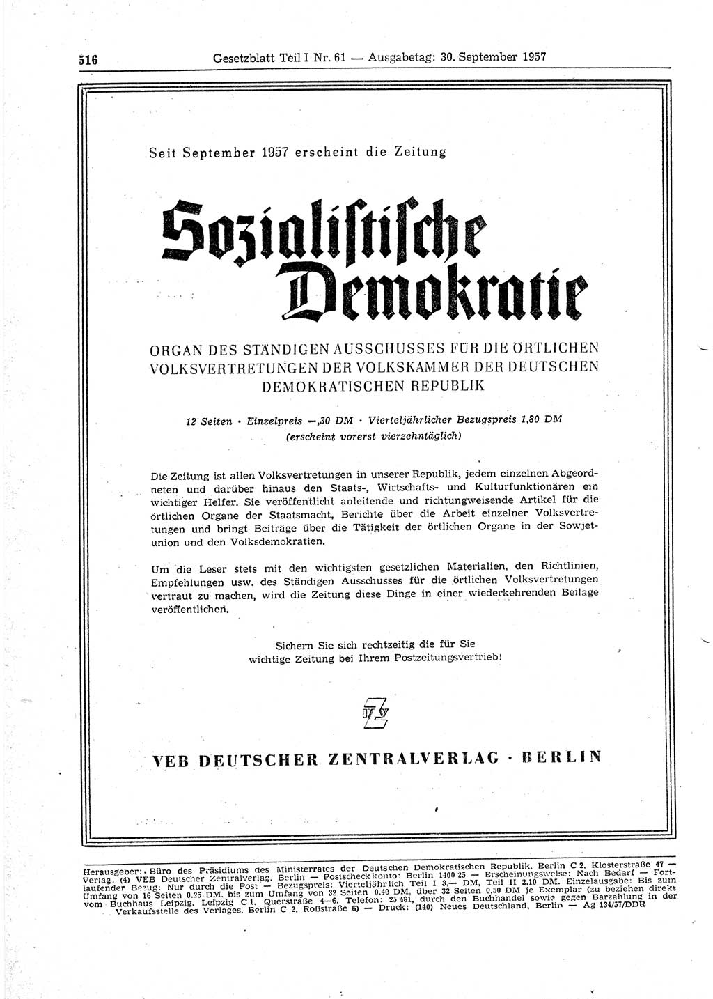 Gesetzblatt (GBl.) der Deutschen Demokratischen Republik (DDR) Teil Ⅰ 1957, Seite 516 (GBl. DDR Ⅰ 1957, S. 516)
