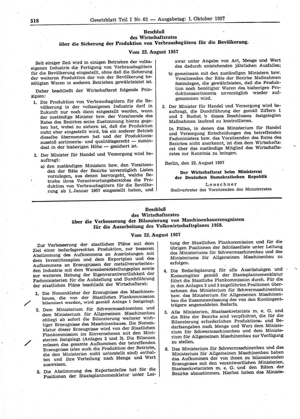 Gesetzblatt (GBl.) der Deutschen Demokratischen Republik (DDR) Teil Ⅰ 1957, Seite 518 (GBl. DDR Ⅰ 1957, S. 518)