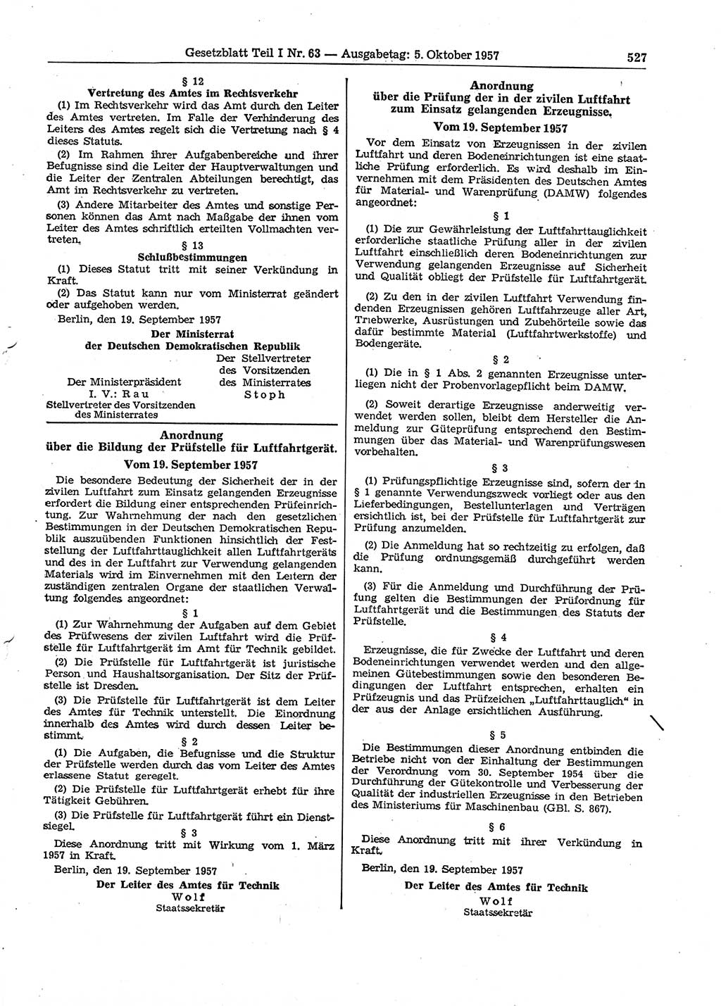Gesetzblatt (GBl.) der Deutschen Demokratischen Republik (DDR) Teil Ⅰ 1957, Seite 527 (GBl. DDR Ⅰ 1957, S. 527)