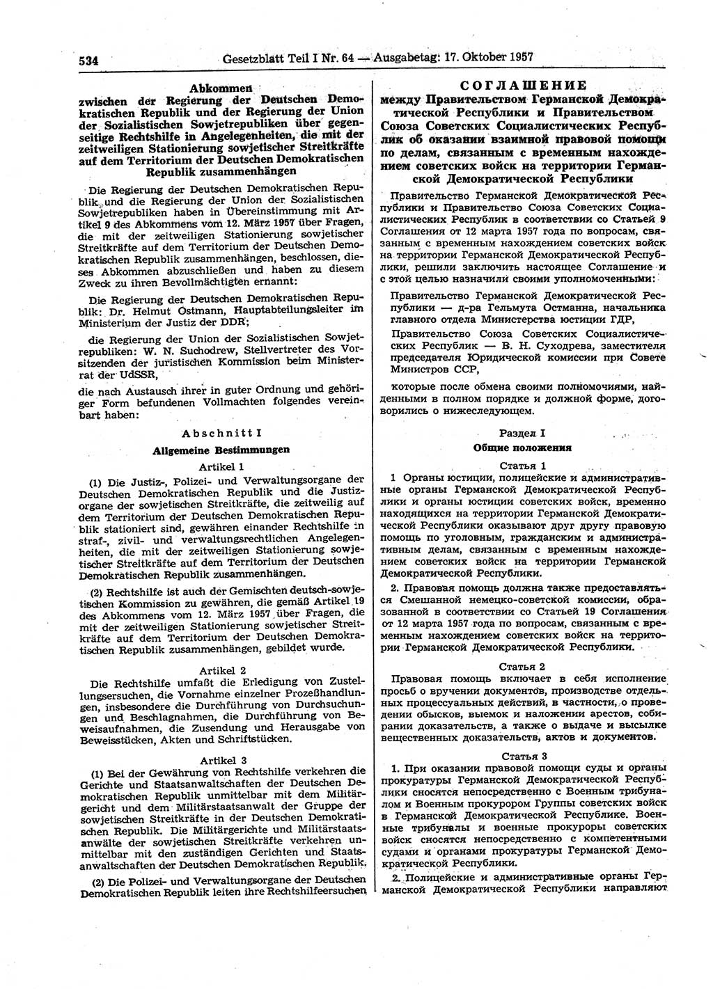 Gesetzblatt (GBl.) der Deutschen Demokratischen Republik (DDR) Teil Ⅰ 1957, Seite 534 (GBl. DDR Ⅰ 1957, S. 534)