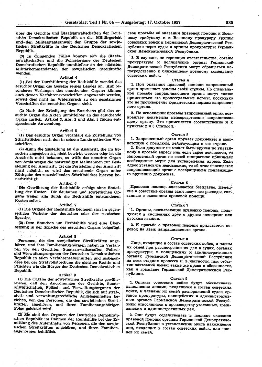 Gesetzblatt (GBl.) der Deutschen Demokratischen Republik (DDR) Teil Ⅰ 1957, Seite 535 (GBl. DDR Ⅰ 1957, S. 535)
