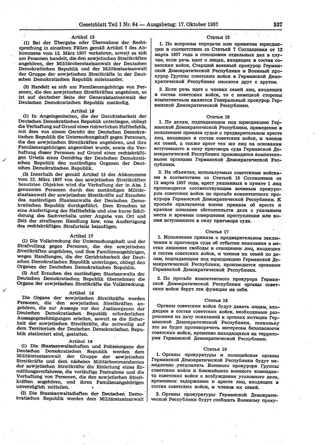 Gesetzblatt (GBl.) der Deutschen Demokratischen Republik (DDR) Teil Ⅰ 1957, Seite 537 (GBl. DDR Ⅰ 1957, S. 537)