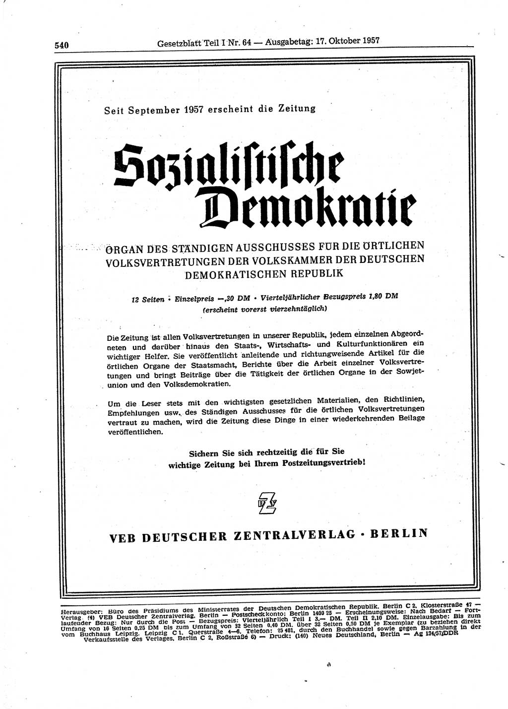 Gesetzblatt (GBl.) der Deutschen Demokratischen Republik (DDR) Teil Ⅰ 1957, Seite 540 (GBl. DDR Ⅰ 1957, S. 540)