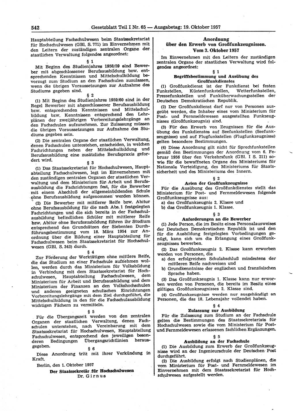 Gesetzblatt (GBl.) der Deutschen Demokratischen Republik (DDR) Teil Ⅰ 1957, Seite 542 (GBl. DDR Ⅰ 1957, S. 542)