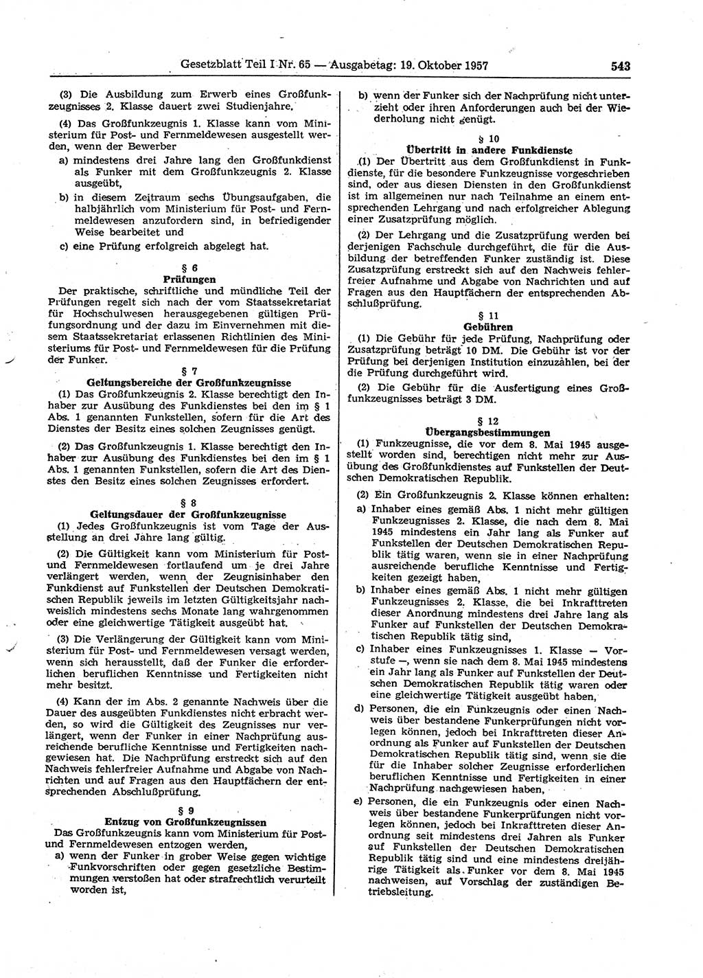 Gesetzblatt (GBl.) der Deutschen Demokratischen Republik (DDR) Teil Ⅰ 1957, Seite 543 (GBl. DDR Ⅰ 1957, S. 543)