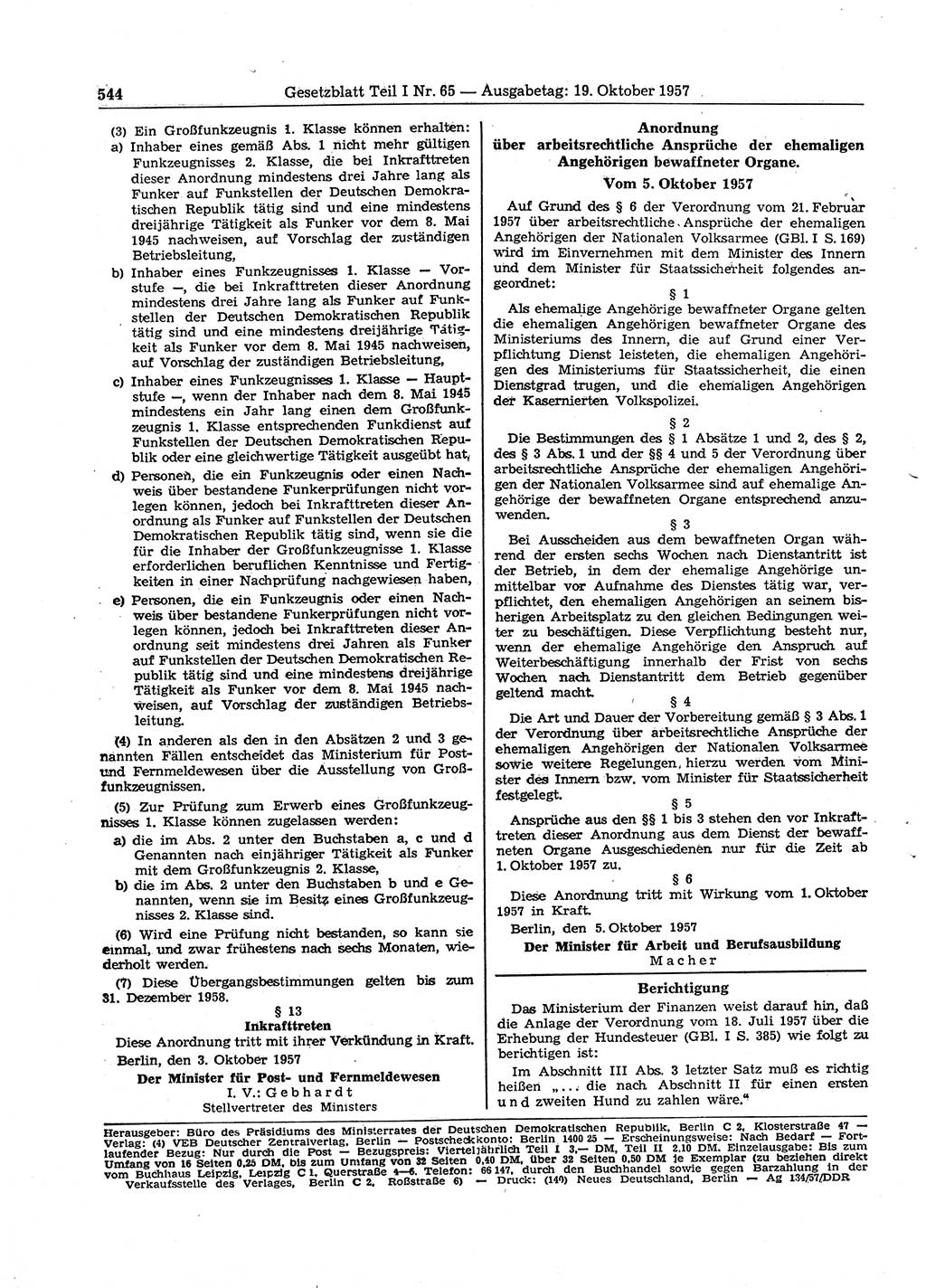 Gesetzblatt (GBl.) der Deutschen Demokratischen Republik (DDR) Teil Ⅰ 1957, Seite 544 (GBl. DDR Ⅰ 1957, S. 544)