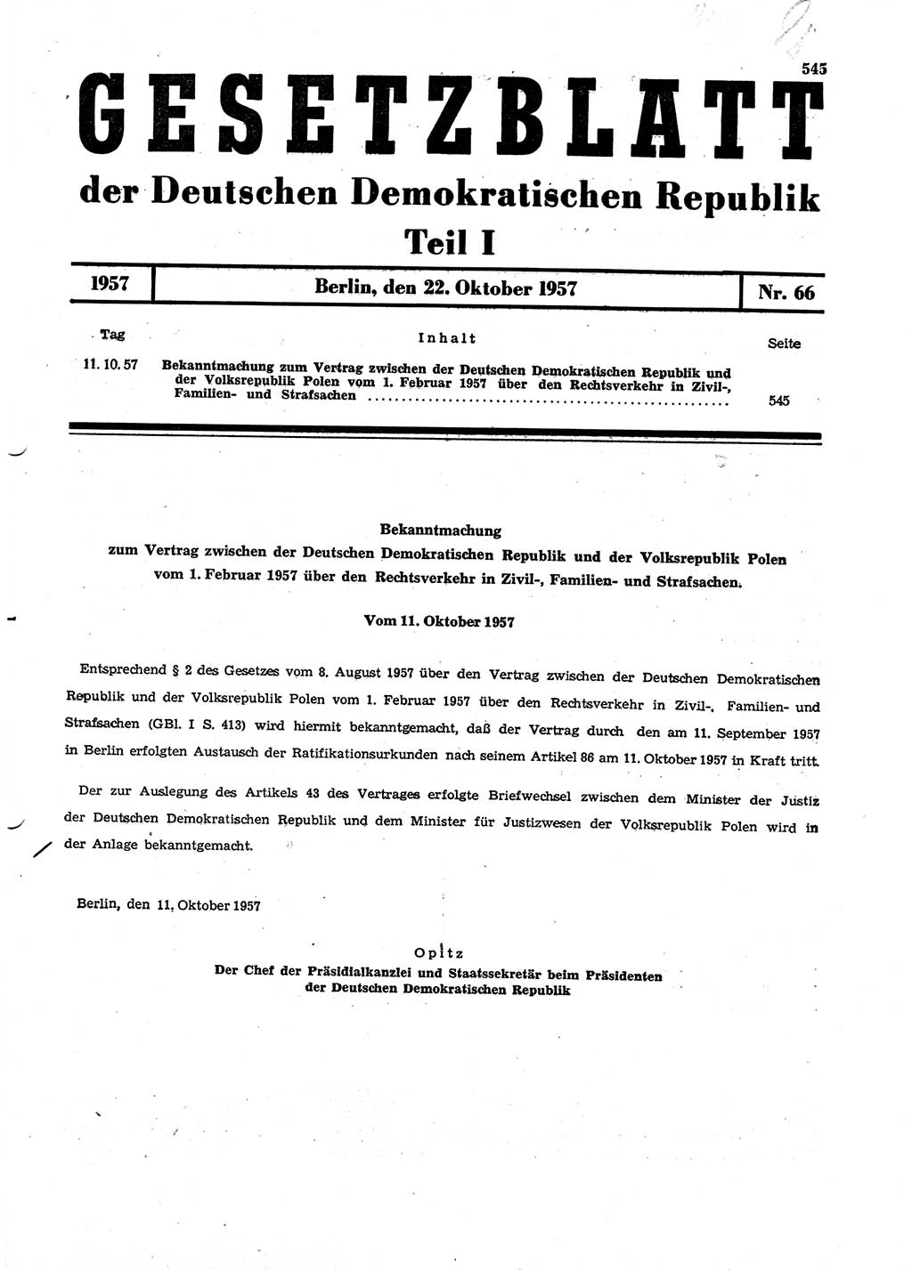 Gesetzblatt (GBl.) der Deutschen Demokratischen Republik (DDR) Teil Ⅰ 1957, Seite 545 (GBl. DDR Ⅰ 1957, S. 545)