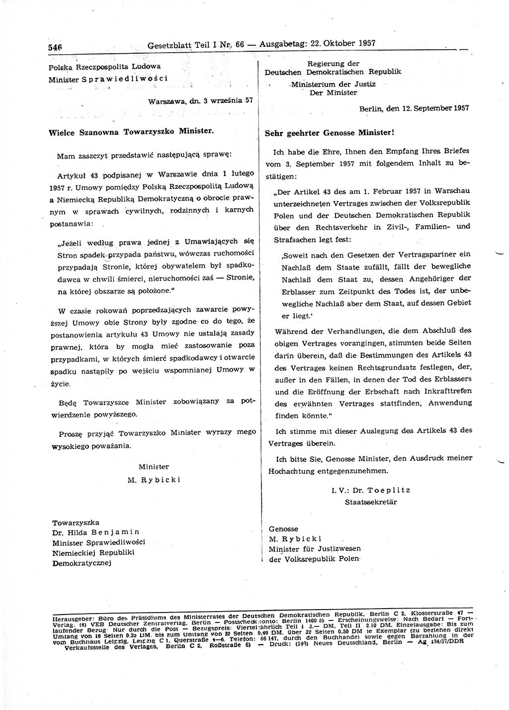 Gesetzblatt (GBl.) der Deutschen Demokratischen Republik (DDR) Teil Ⅰ 1957, Seite 546 (GBl. DDR Ⅰ 1957, S. 546)