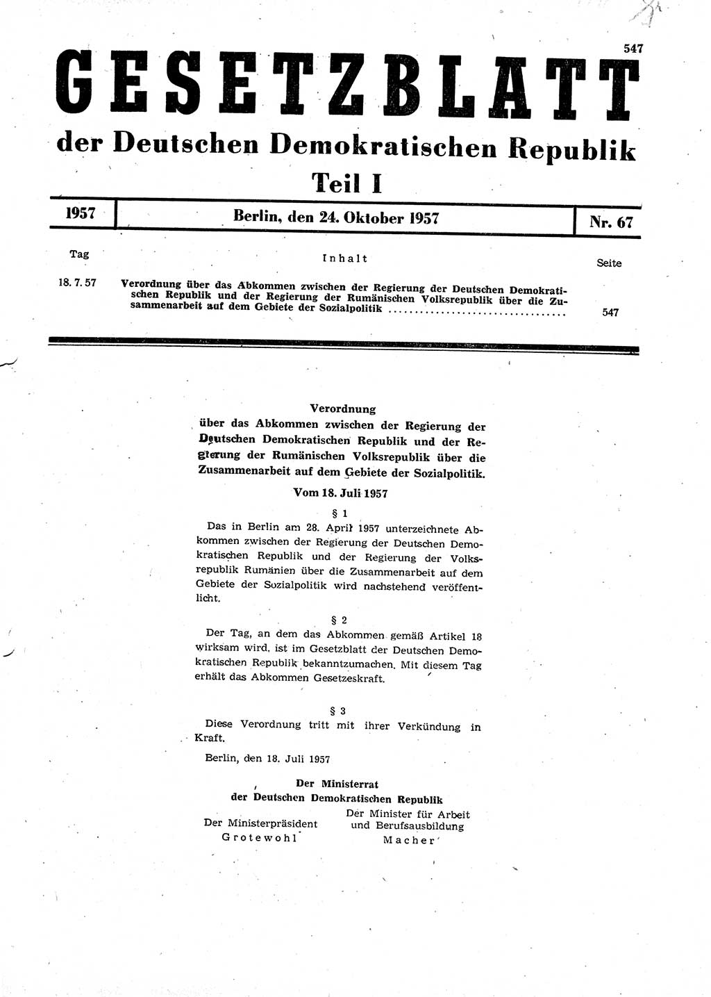 Gesetzblatt (GBl.) der Deutschen Demokratischen Republik (DDR) Teil Ⅰ 1957, Seite 547 (GBl. DDR Ⅰ 1957, S. 547)