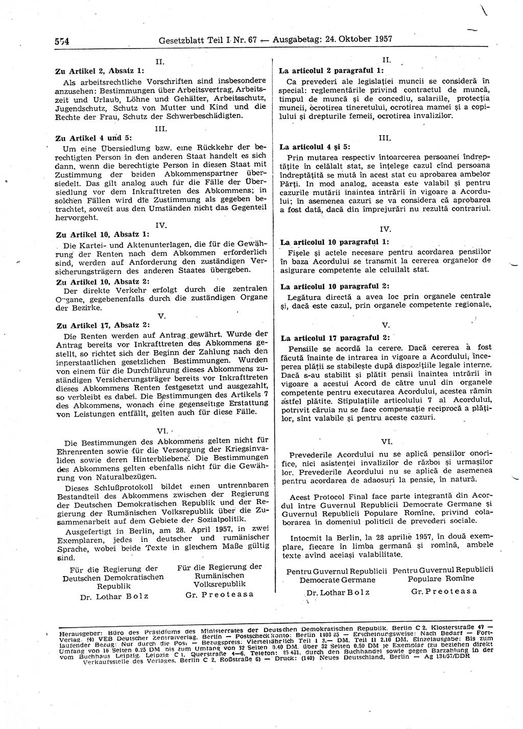 Gesetzblatt (GBl.) der Deutschen Demokratischen Republik (DDR) Teil Ⅰ 1957, Seite 554 (GBl. DDR Ⅰ 1957, S. 554)